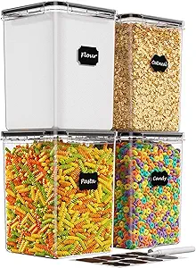 5.4L/183oz Large Food Storage Containers with Lids Airtight, 4 Pack Flour Sugar Storage Containers, Plastic Canisters Sets for Flour, Sugar, Rice, Baking Supplies, with Labels & Maker