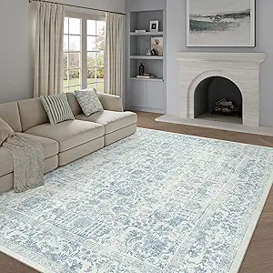 Blue Area Rug 6x9 Machine Washable Vintage Living Room Distressed Non Slip Carpet Traditional Indoor Bedroom Retro Floral Accent Throw Large Rug for Office Kitchen Dining Room
