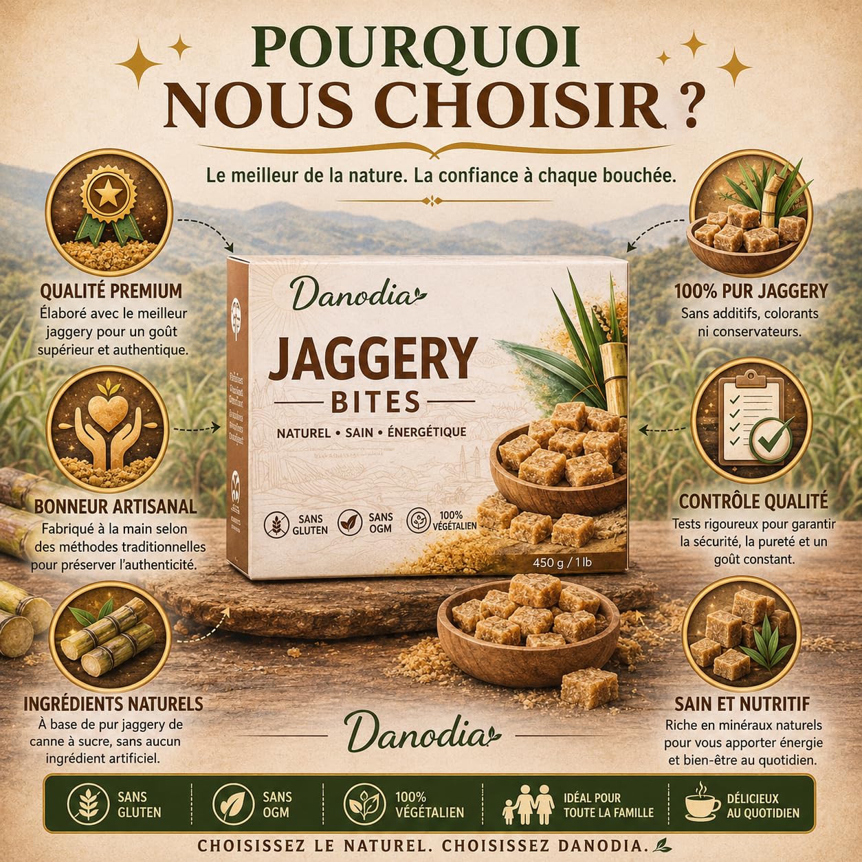 Danodia Foods Bouchées de Jaggery 450 g / 0,99 lb | Sucrant traditionnel indien non raffiné en petits carrés | Alternative au sucre blanc | Pour thé, lait, desserts et pâtisserie