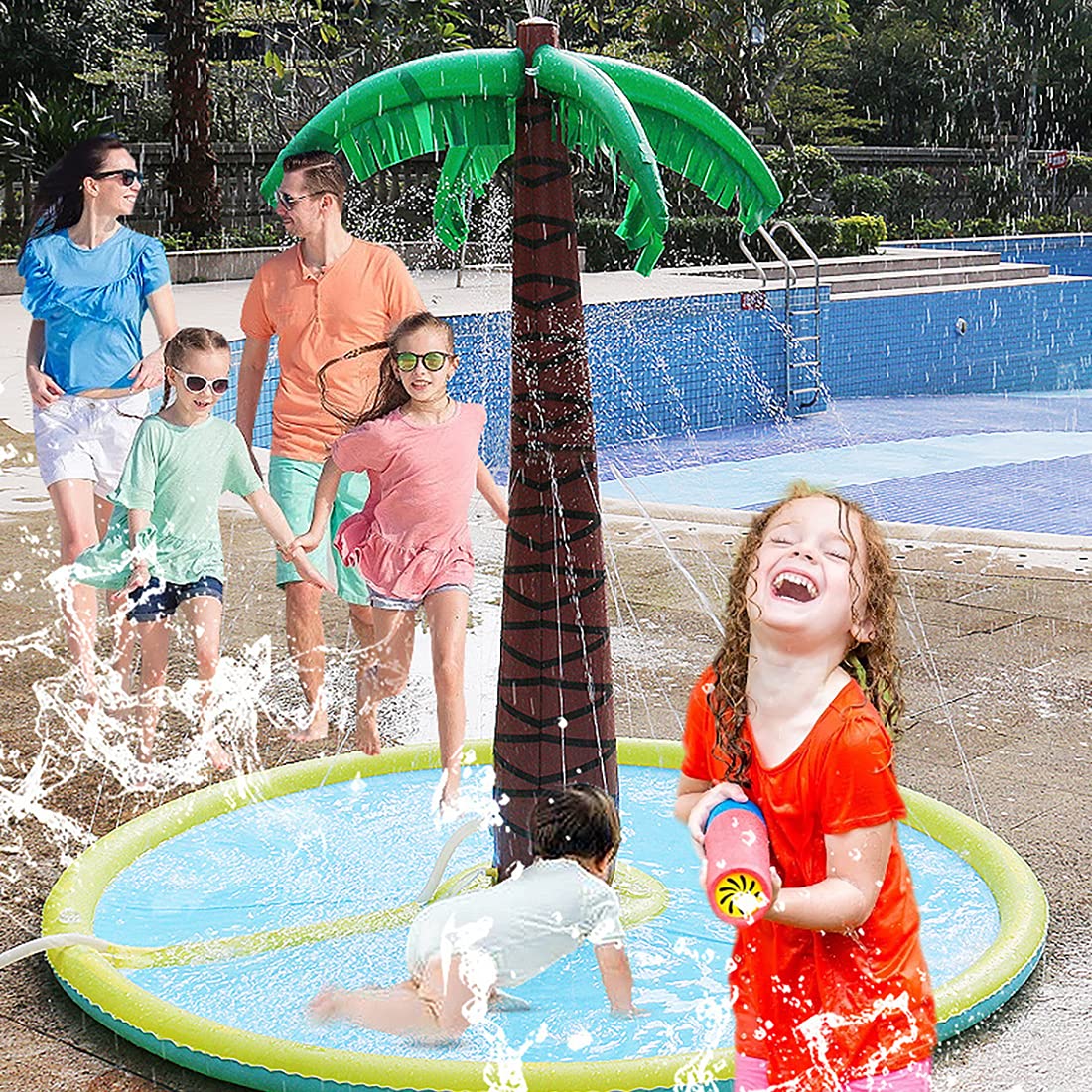 Linkidea Splash Pad, Sprinkler for Kids, Inflatable Water Toys, 71" x 59" Palm Tree Summer Backyard Outdoor Spray Mat, Toddlers Child Play Mat Pool Fit Wading, Learning, Yard, Lawn, Party