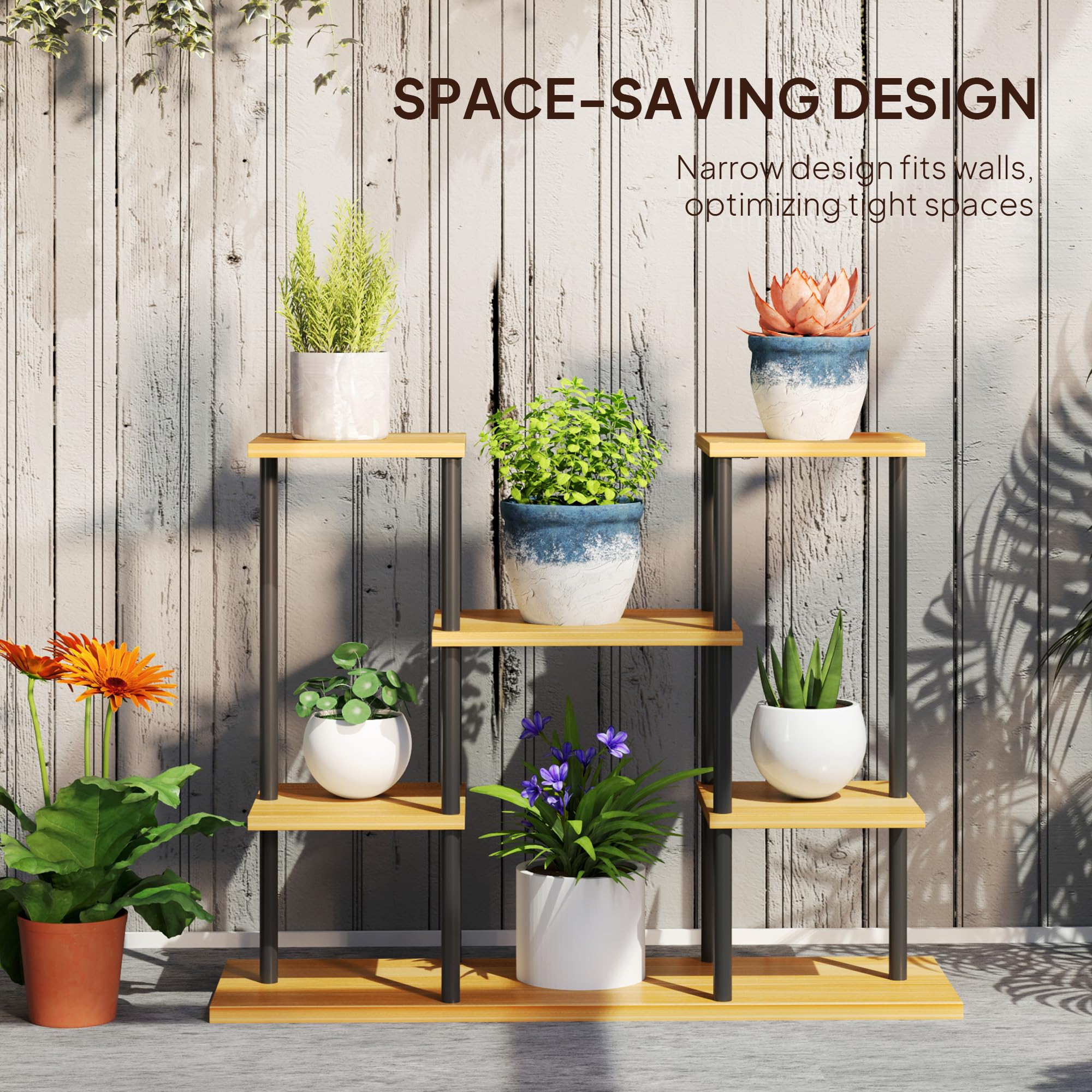 Outsunny Soporte para plantas de interior, estante para plantas de 6 niveles, estructura de acero con base de madera maciza, soporte para plantas para salón, balcón, jardín, madera natural