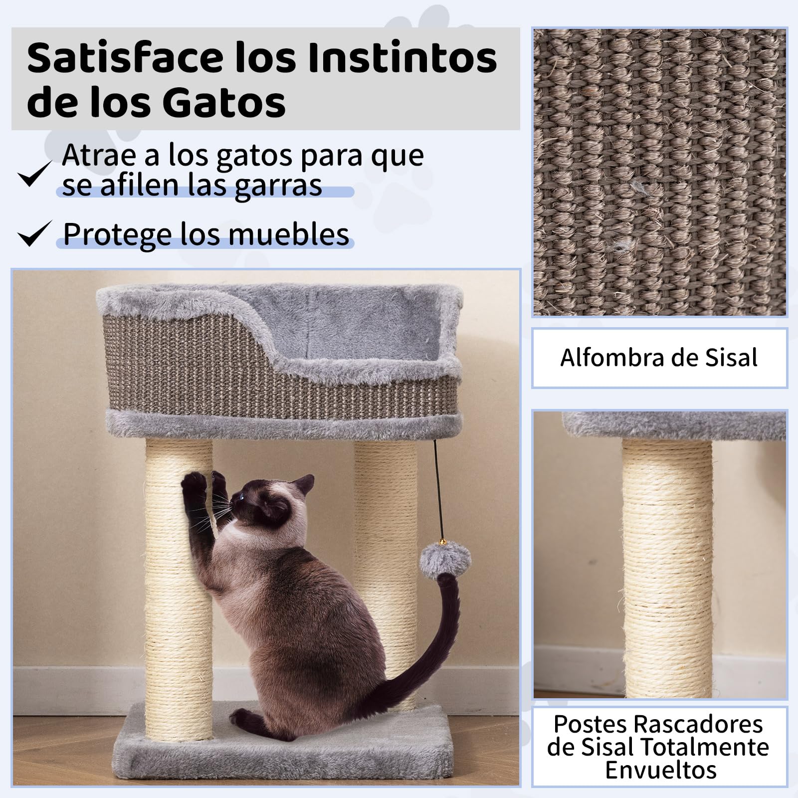 COSTWAY Árbol Rascador Pequeño para Gatos, 38 x 38 x 51 cm, Torre Rascador para Gatos con Plataforma Alfombrado de Felpa y Poste de Rascado de Sisal Natural, Cama para Gato, Relajarse y Dormir (Gris)