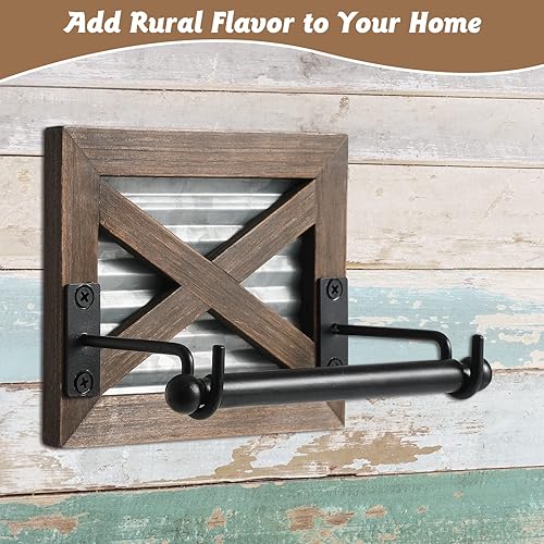 Miniatura 2 de Soporte de papel higiénico de granja con metal galvanizado y metal negro, soporte rústico de pared de madera marrón cálida para decoración de baño