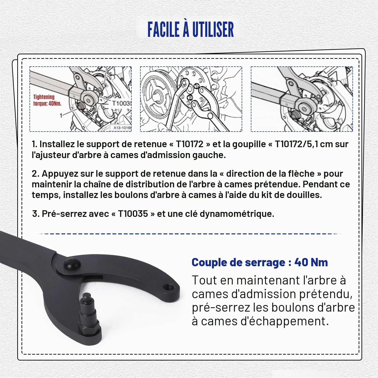MRCARTOOL Outils pour Arbres à Cames Moteur Automobile T10172A T10554 Jeu d'outils de Maintien d'arbre à Cames Clé Universelle de Vilebrequin pour VAG Compatible avec V.W avec VAG avec Skoda
