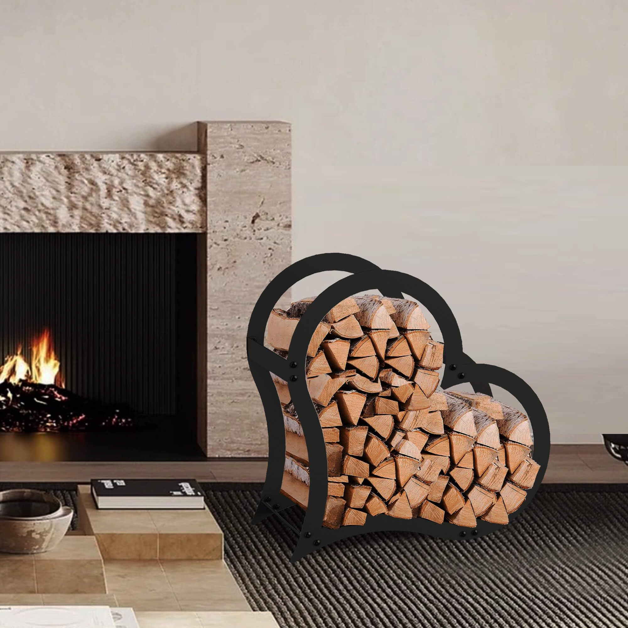 DanDiBo Kaminholzregal Innen Metall Schwarz Stehend Herz 52 cm Kaminholzständer 96469 Kaminholzhalter Brennholzregal Feuerholzregal