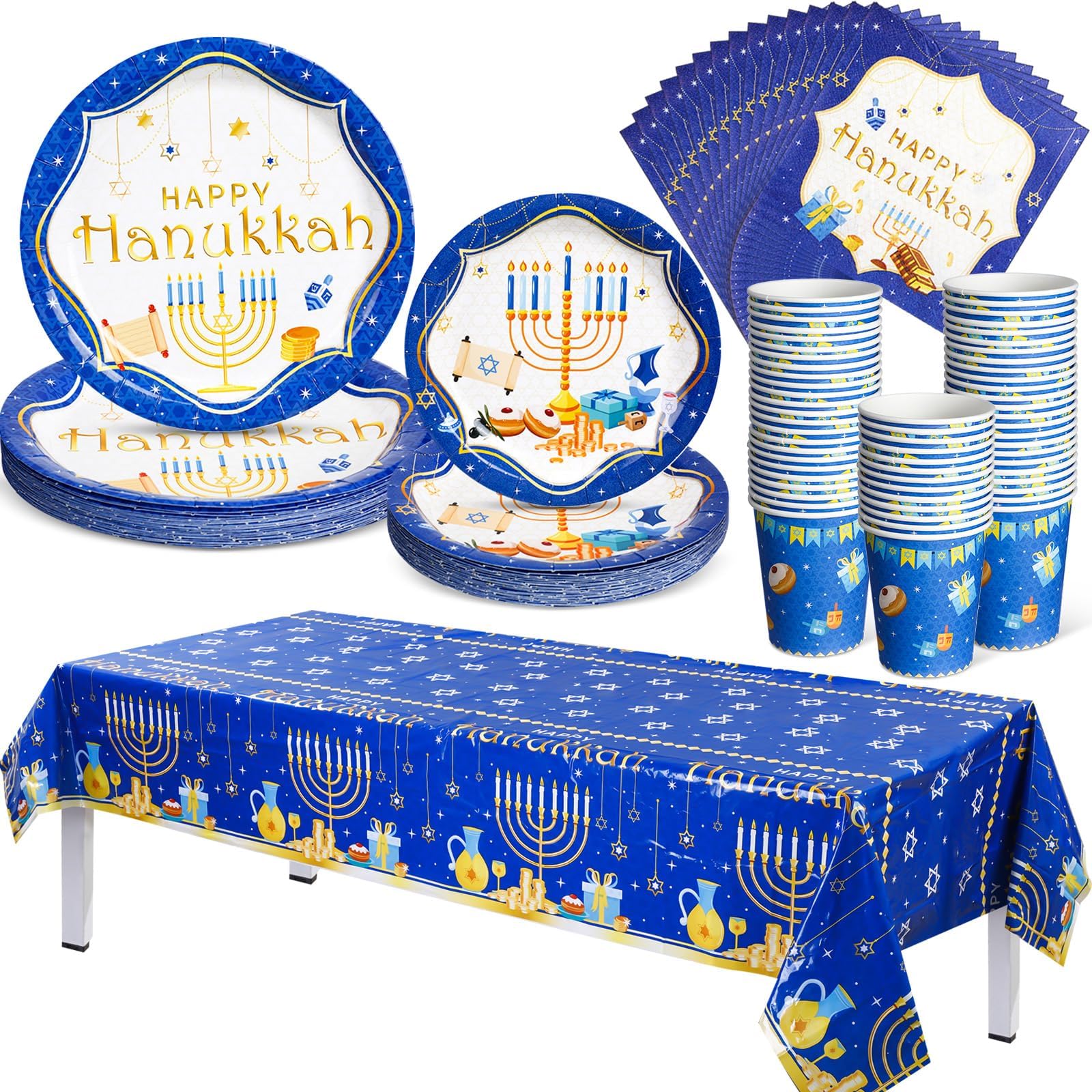 Layhit 97 Pcs Hanukkah Tableawre Set for 24 Guests Include 9" Dinner Plates, 7" Dessert Plates, 9 oz Cups, Luncheon Napkins, Tablecloth, Blue and White Hanukkah Themed Party Supplies for Dinner