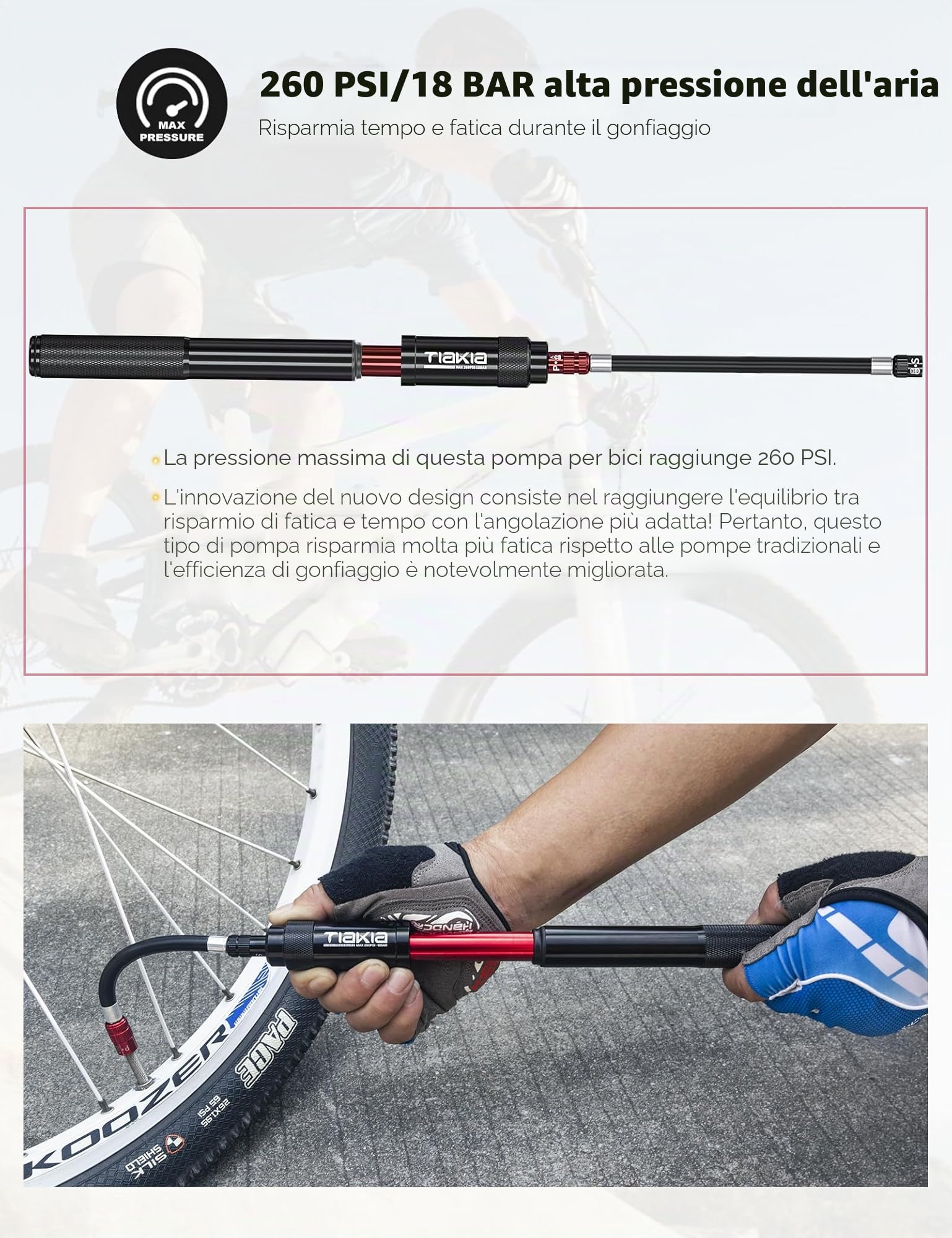 Tiakia Pompa Bicicletta Portatile 260psi, Mini Pompa per Bici Compatta per Valvole Presta Schrader Dunlop, Pompa Bici per Corsa MTB BMX