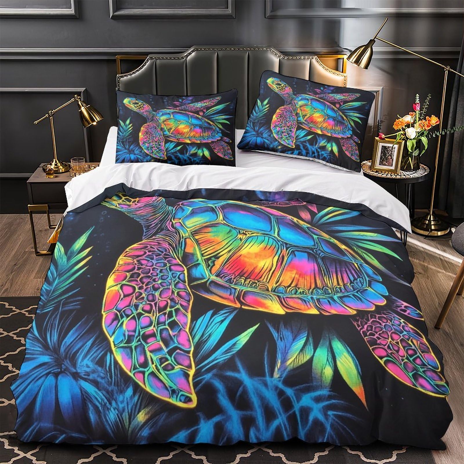 Turtle Art Comforter Cover 3D Print Hypoallergenic 3PCs Bed Linen Hidden Zipper Neon Vibrant Duvet Cover Extra Soft Machine Washable for Teens Youth Adults Women Kids Boys Super king（260x220cm）