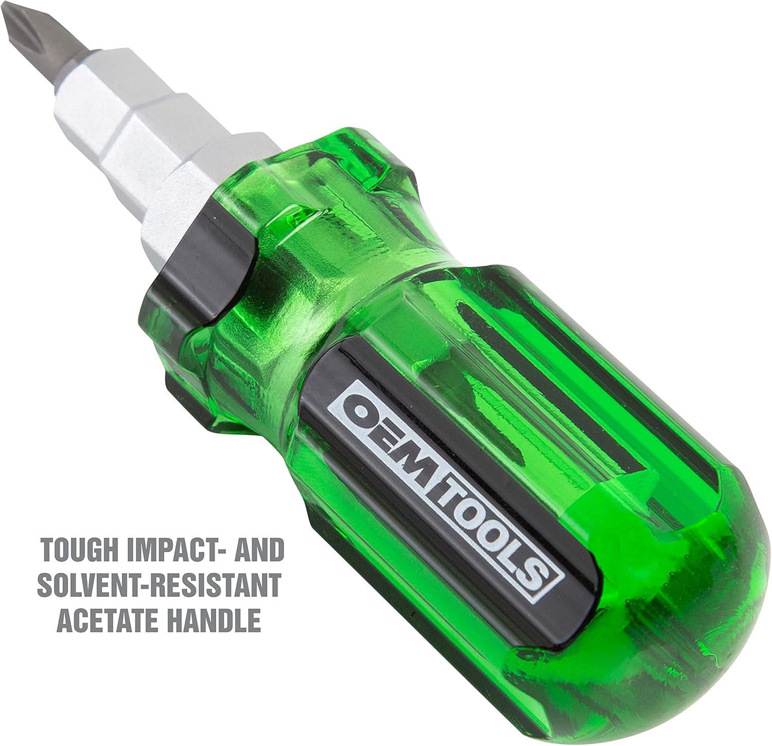 OEMTOOLS 22592 Stubby 6 In 1 Screwdriver with Acetate Handle, Changeable Screwdriver, Non-Insulated Stubby Screwdriver Set with Magnetized Driver Bits