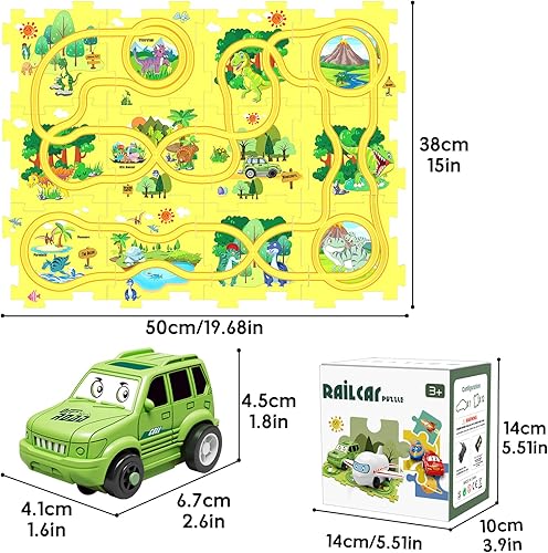Miniatura 6 de Juego de rompecabezas de dinosaurio, rompecabezas de plástico para niños de 3 a 5 años con automóvil, tablero de rompecabezas de coche de tren para