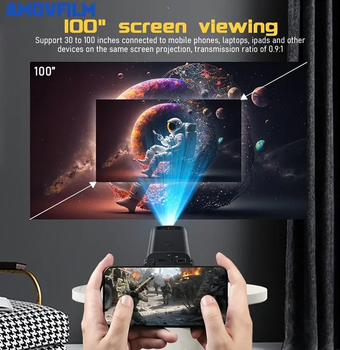 Mini projecteur Android 11 280 ANSI 4K 8K 1080P WiFi 6 BT5.0 Home Cinéma Projecteur Portable Android/iOS Vidéothèque (Black)