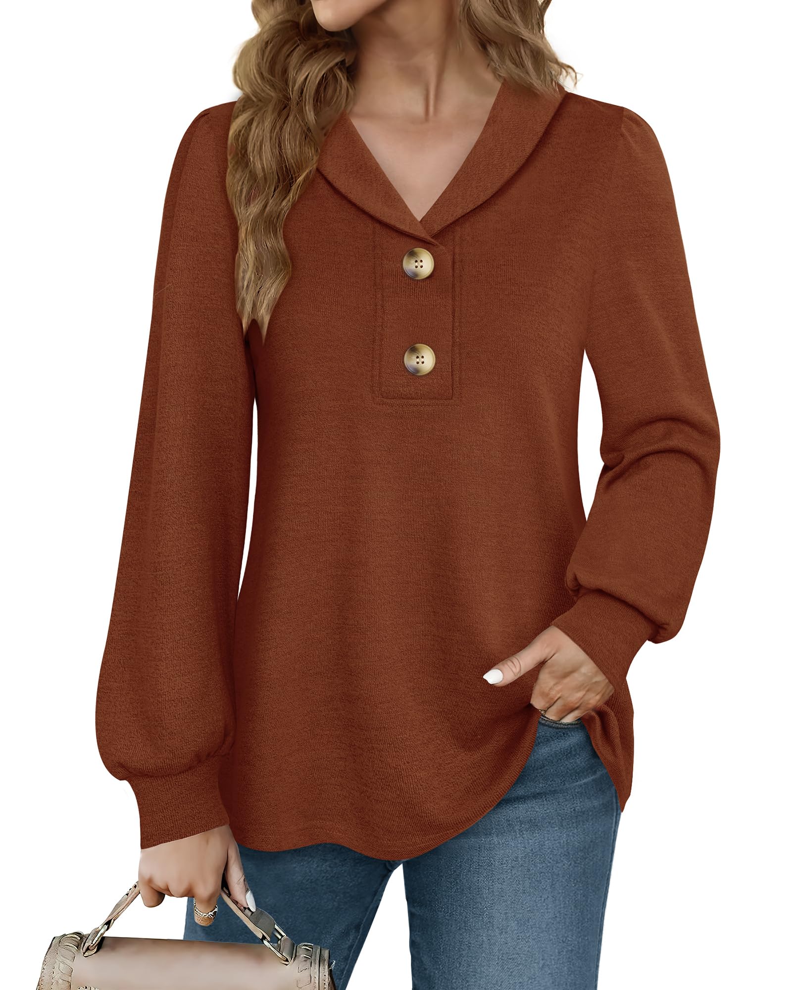 Messic Tunic Tops for Leggings Puff Long Sleeve Tops Collared V Neck Shirts Button Up Tunic Shirts