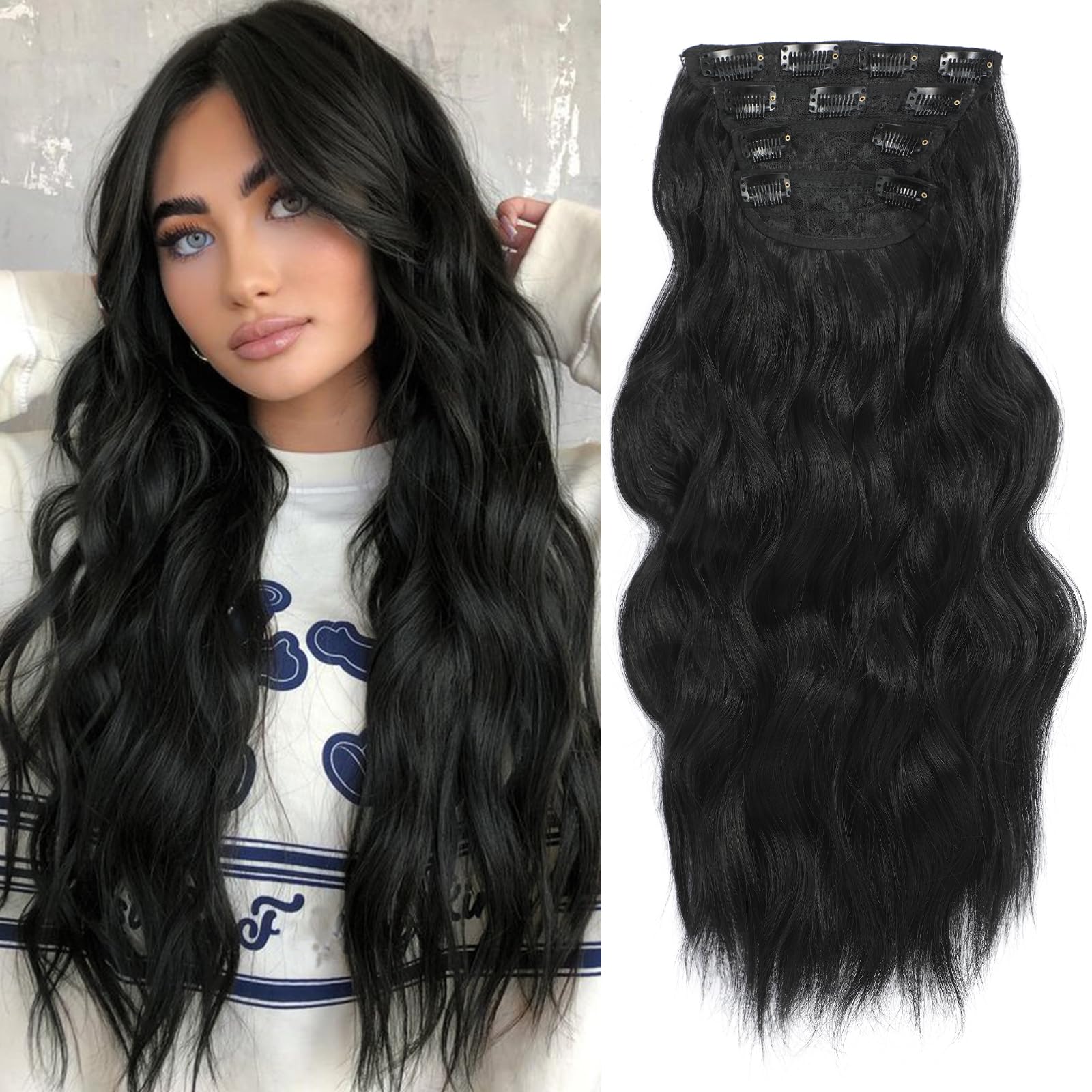 NAYOO Clip in Curly Hair Extensions 4PCS Long Wavy Synthetic Thick Hairpieces with Fiber Double Weft for Women Hair Full Head (24 Inch, Black)