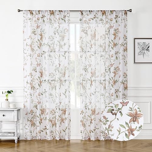 Tollpiz Cortinas traslúcidas con estampado floral de cerezo y mariposa, cortinas para sala de estar, cortinas con bolsillo para barra, aspecto de