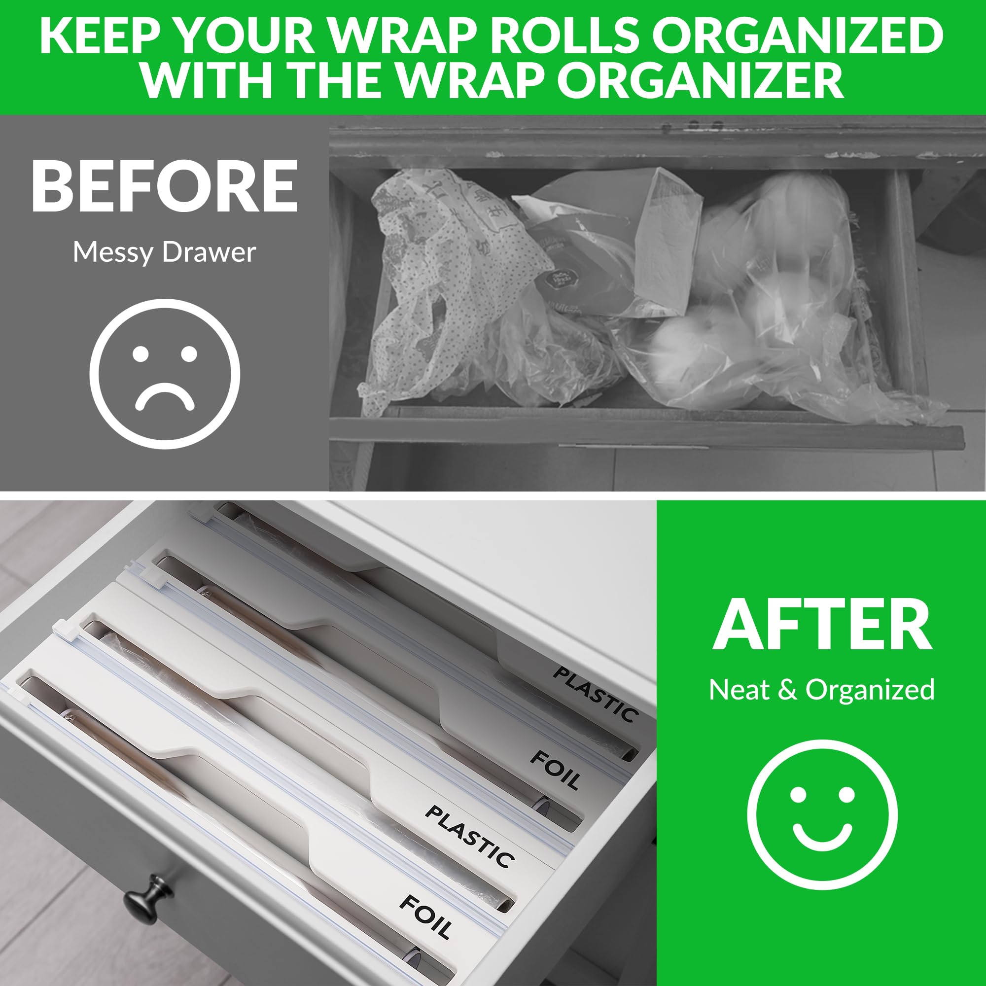 Dispensador y cortador de papel de aluminio y película adhesiva, compatible con rollos de 35 cm de ancho, organizador de papel de cocina para papel de pergamino (blanco)