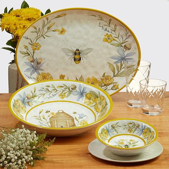 Certified International Conjunto de louça de melamina Bee Sweet, serviço para 4, pratos e tigelas florais e abelhas, utensílios de mesa duráveis e inquebráveis para entretenimento de primavera e verão Certified International Conjunto de louça de melamina Bee Sweet, serviço para 4, pratos e tigelas florais e abelhas, utensílios de mesa duráveis e inquebráveis para entretenimento de primavera e verão