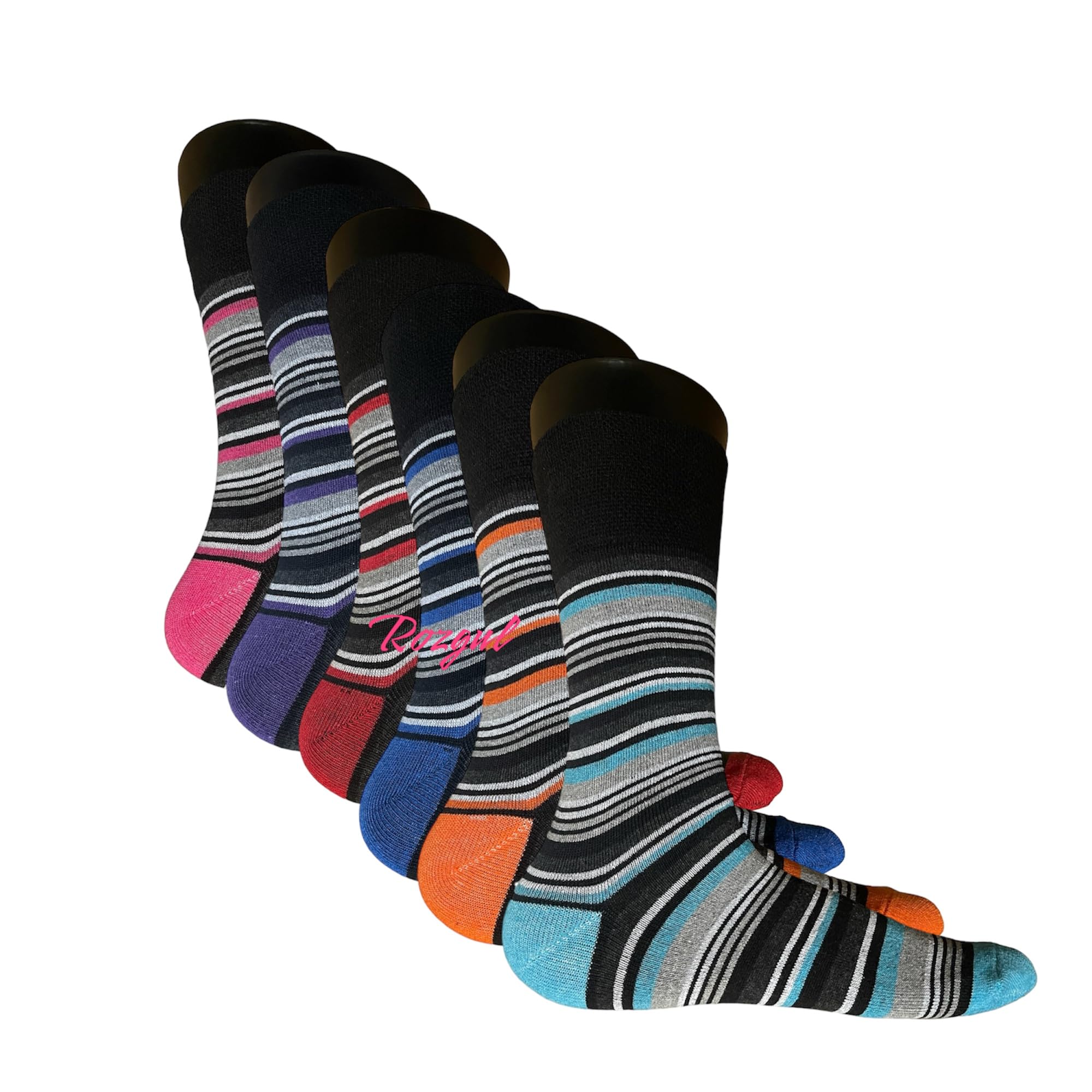 Rozgul Men's Multicolour Diabetic Non Elastic Striped Cotton Socks, 6 Pairs, Multi-Colour, Soft, Loose Top, Uk Size 6-11