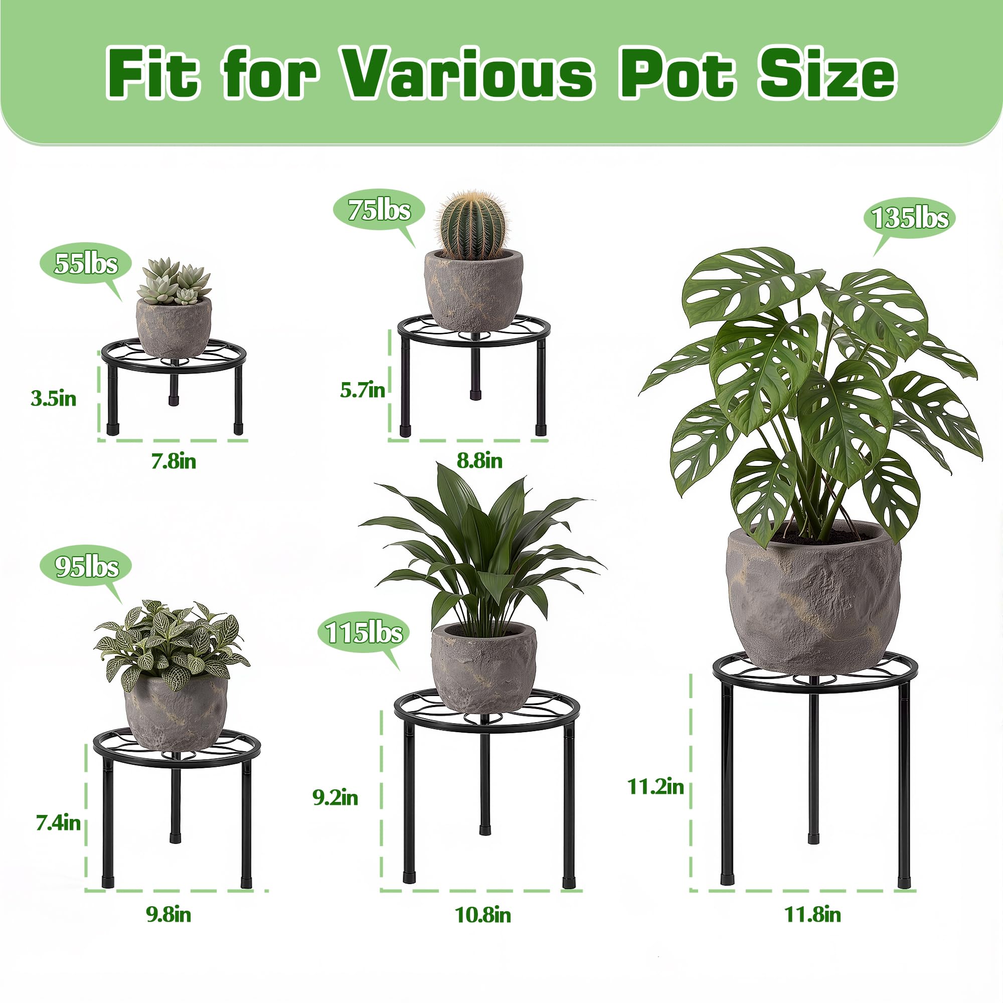 VECELO 5er-Pack Pflanzenständer aus Metall für Zimmerpflanzen, mehrere robuste Blumentopfständer/runder Pflanzenhalter für Outdoor-Pflanzgefäß, Wohnzimmer, Balkon Dekor, schwarz