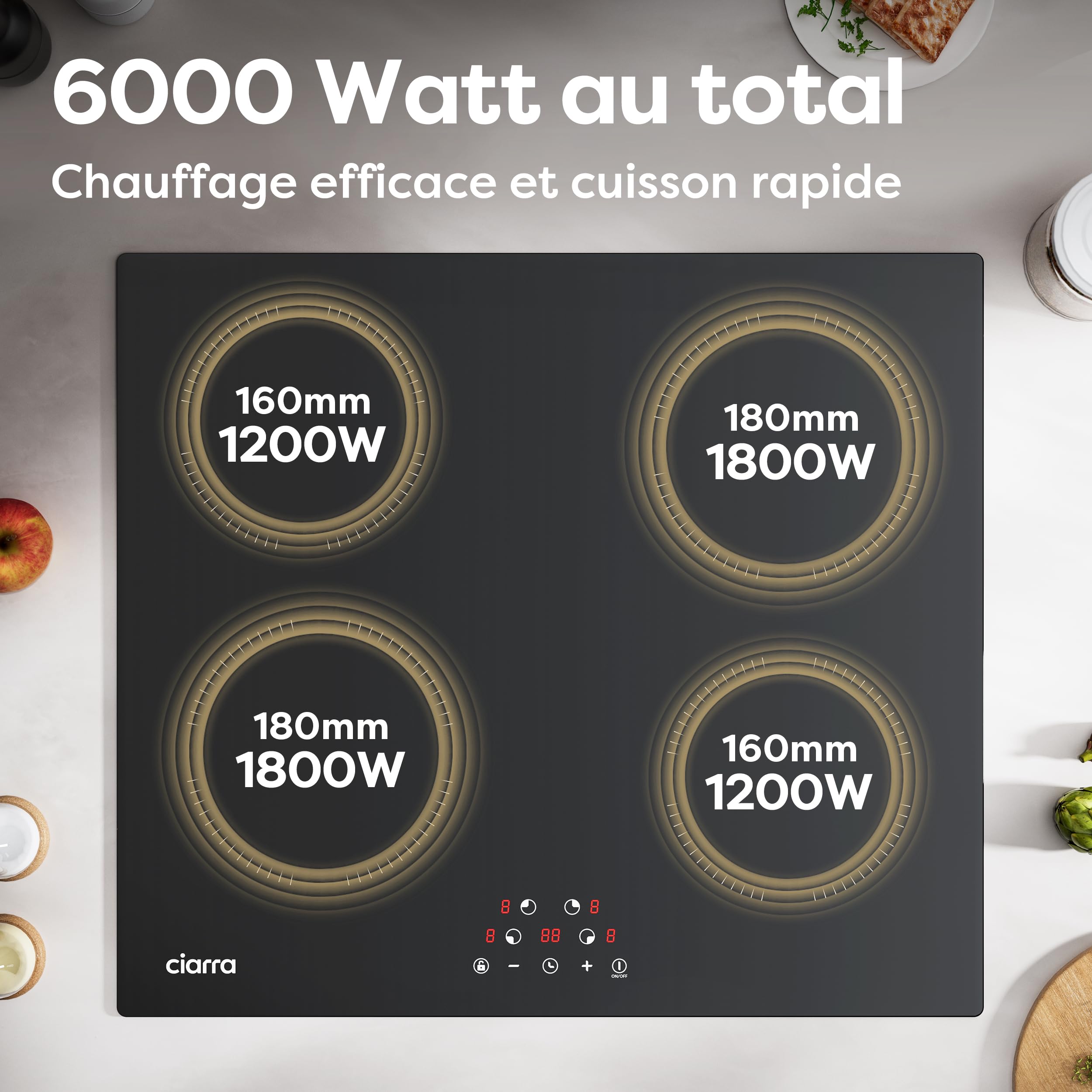 CIARRA Plaque de Cuisson à Induction - 4 Foyer 6000W - Table de Cuisson Encastrable - Commande Tactile - 9 Niveaux - CABBIH4-A
