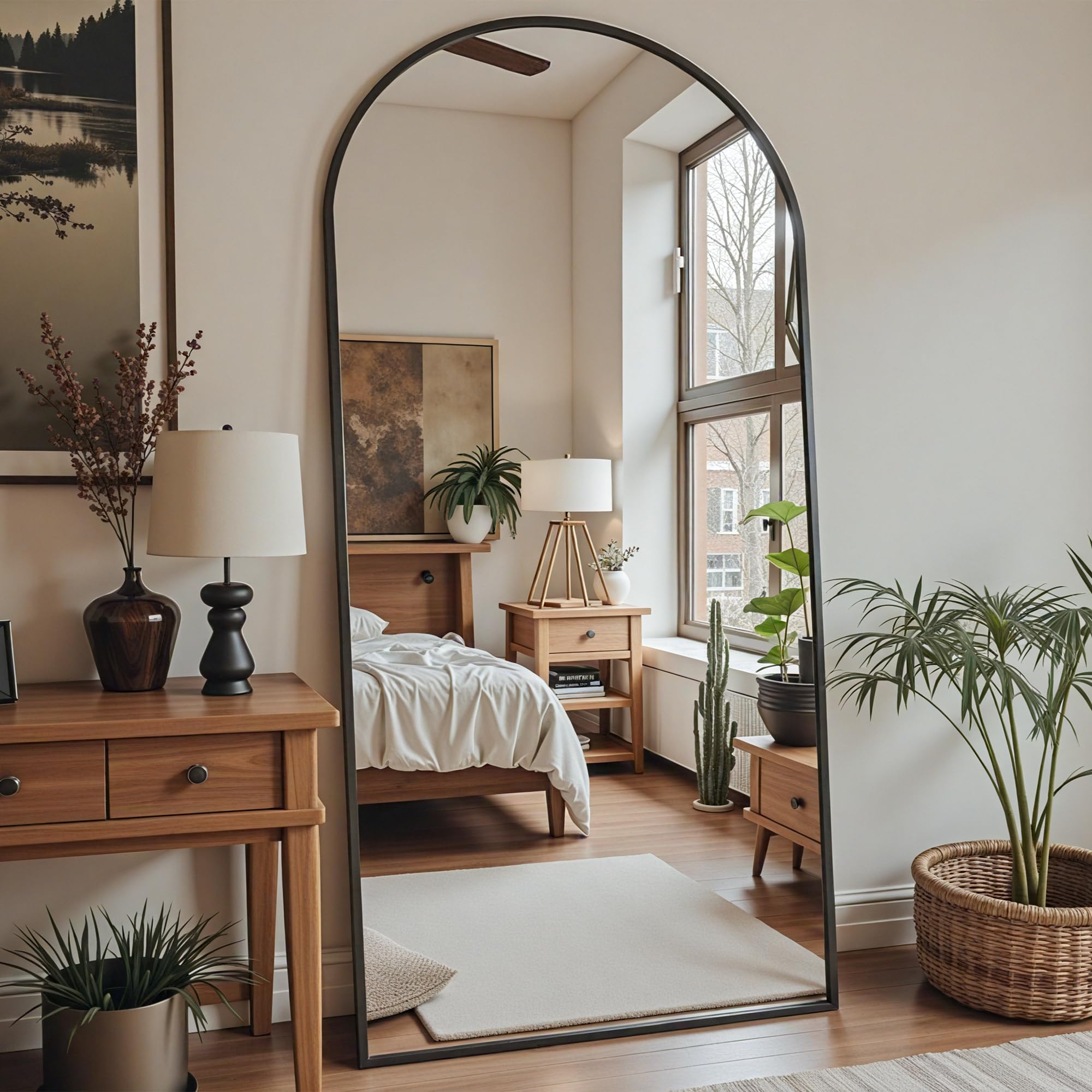 Photo 1 of Furnbar Floor Mirror, 78"x38" Oversized Full Length Mirror with Stand, Arched Full Body Mirror Standing Hanging Leaning Against Wall, Aluminum Frame Giant Mirrors for Bedroom Cloakroom, Black