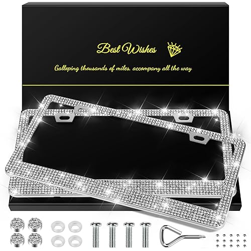 2 Pack Bling License Plate Frames for Women, Sparkly Rhinestone Diamond Car Accessories with Glitter Crystal Caps (Silver)