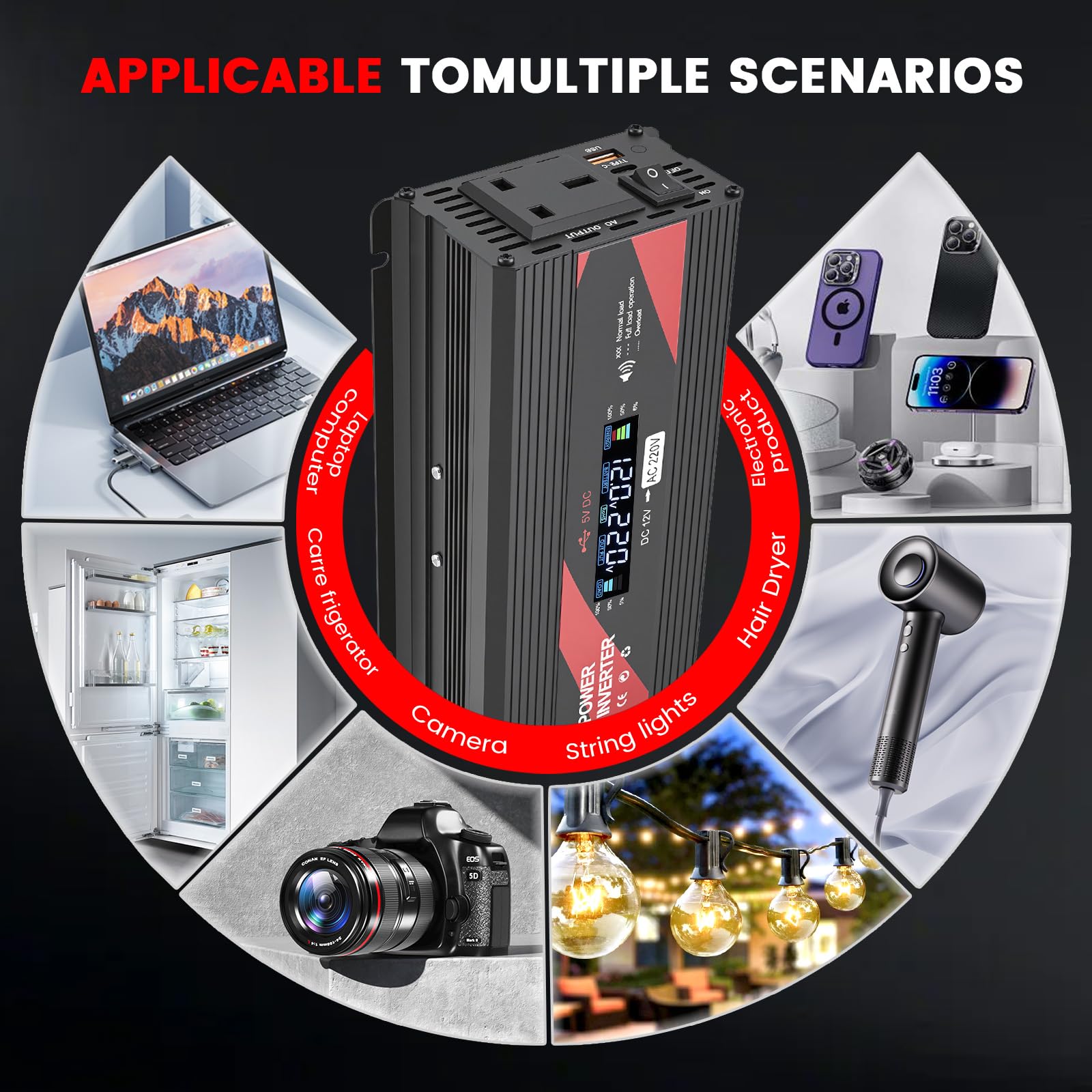 2000W Power Inverter 12V to 240V with LCD Display, 2 UK Sockets & USB Port, Modified Sine Wave Car Inverter for Camping, RV, Truck, Home Use – High Efficiency >95%, Safety Protections (Red) — view 8