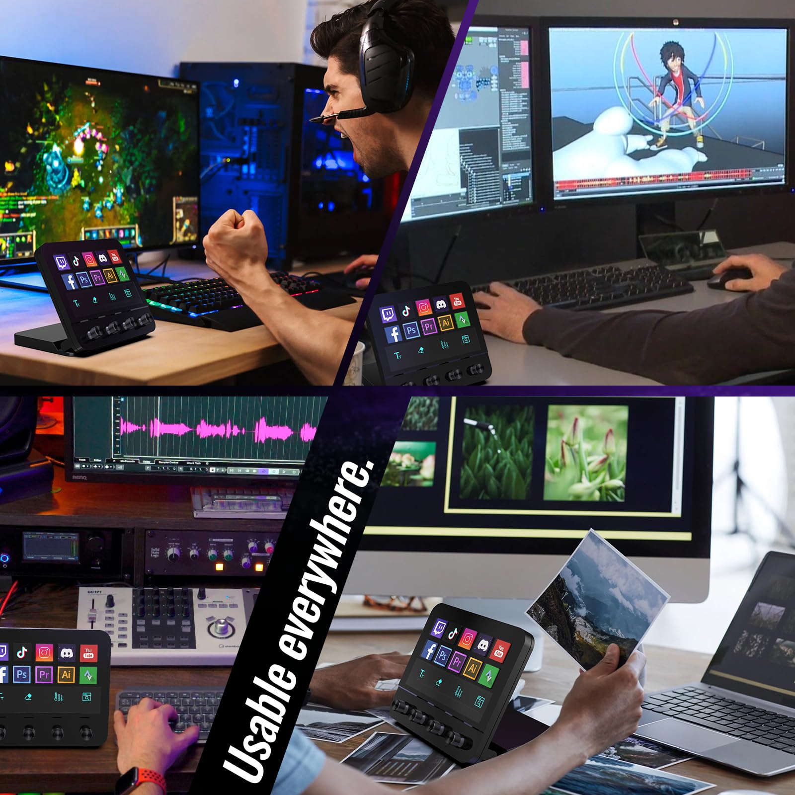 Stream Control Deck, Studio Controller, 10 anpassbaren LCD-Makrotasten, 4 Drehreglern Knöpfe, Mit Touchscreen und USB-Erweiterung, kompatibel mit Mac und PC