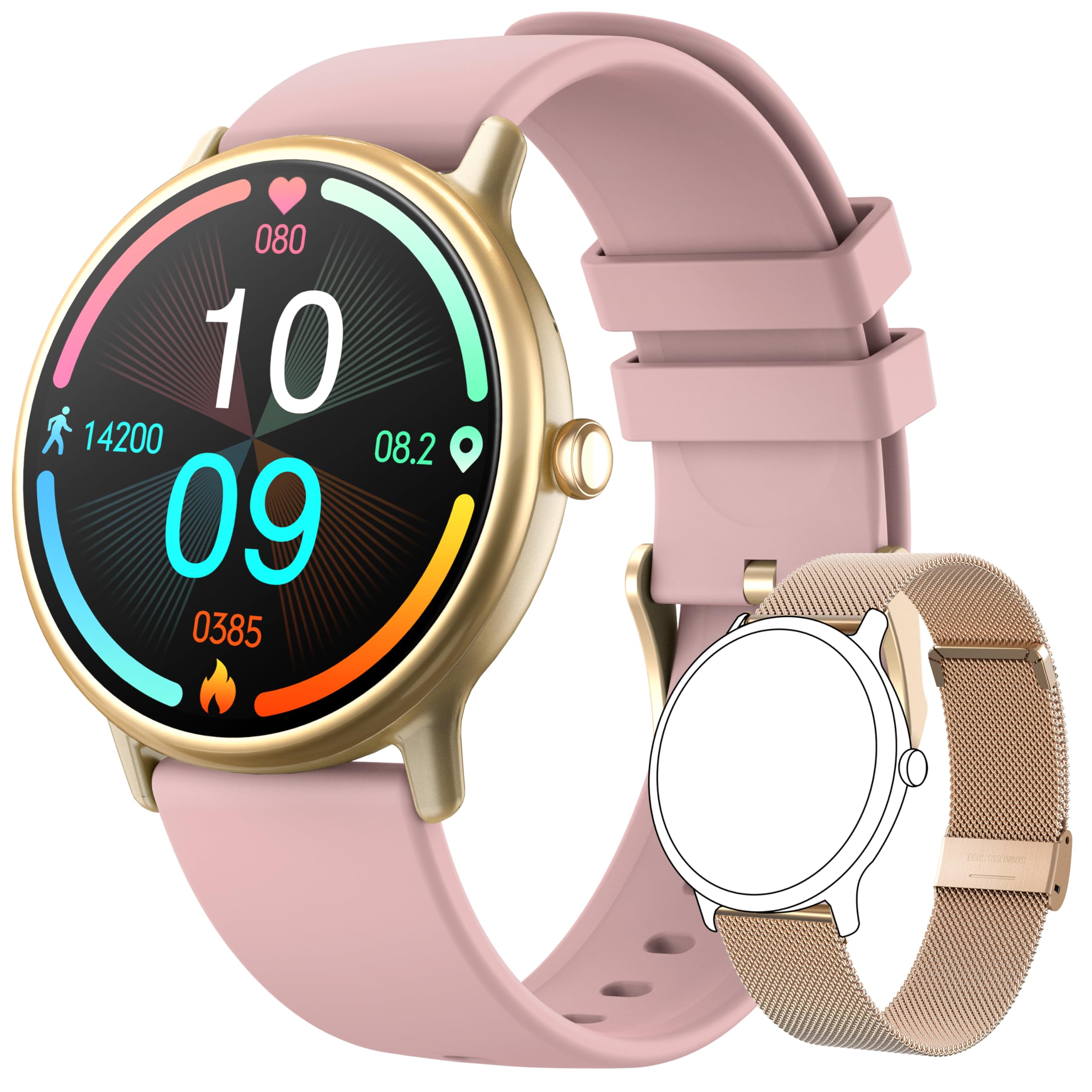 Smartwatch Women Men with Bluetooth Call,1.43 Inch AMOLED HD Screen IP68 Fitness Activity Tracker Watch with Blood Pressure/Heart Rate/Blood Oxygen/Sleep Monitor 100+ Sports Modes (Pink)