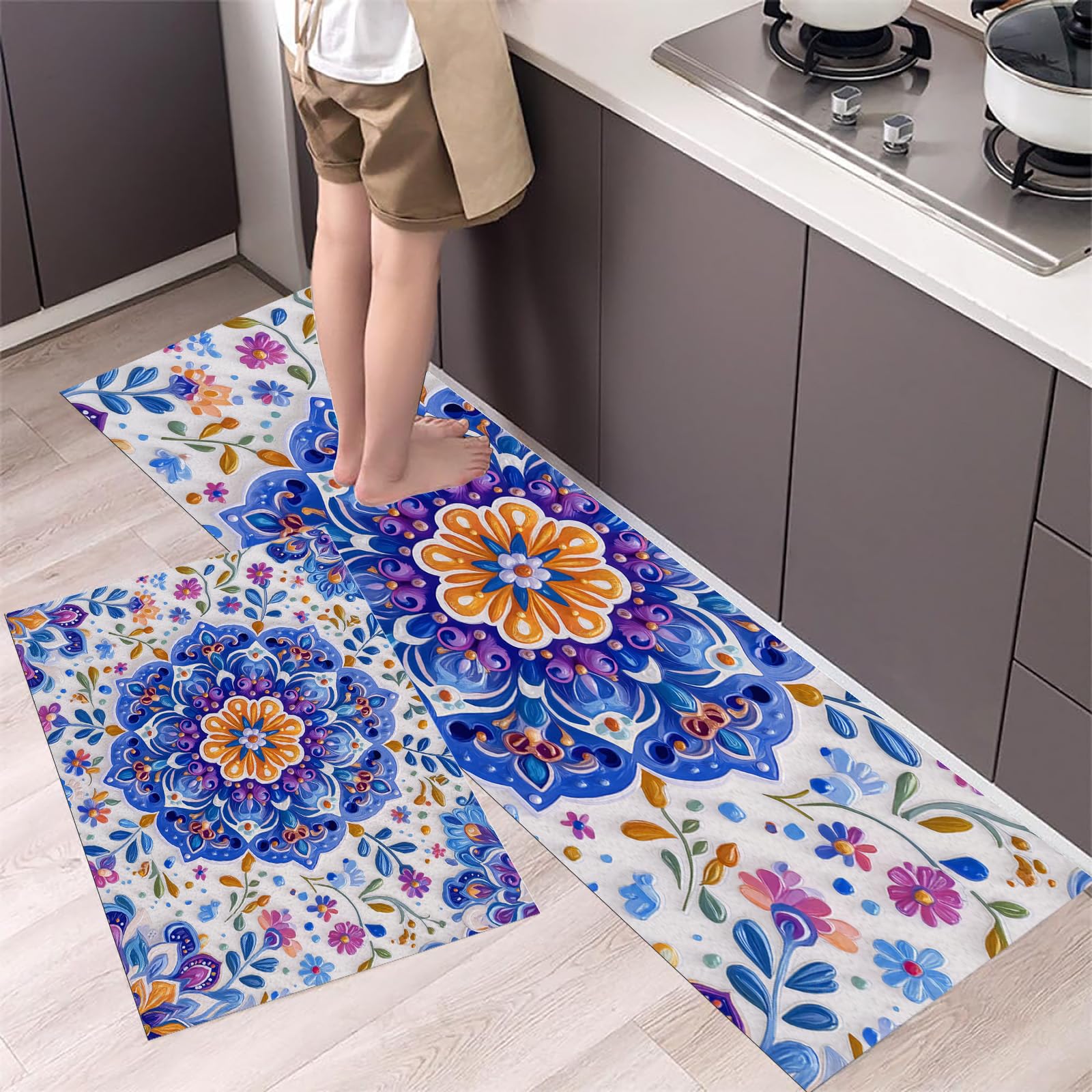 Juego de 2 alfombrillas de cocina azul con diseño de mandala tradicional étnico