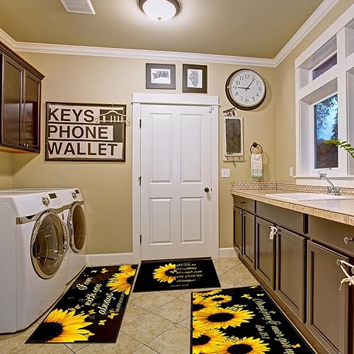 Miniatura 6 de Tinideya Juego de 3 alfombras de cocina cristianas de girasol, alfombra de decoración de cocina con girasol, alfombras de pasillo y alfombras,