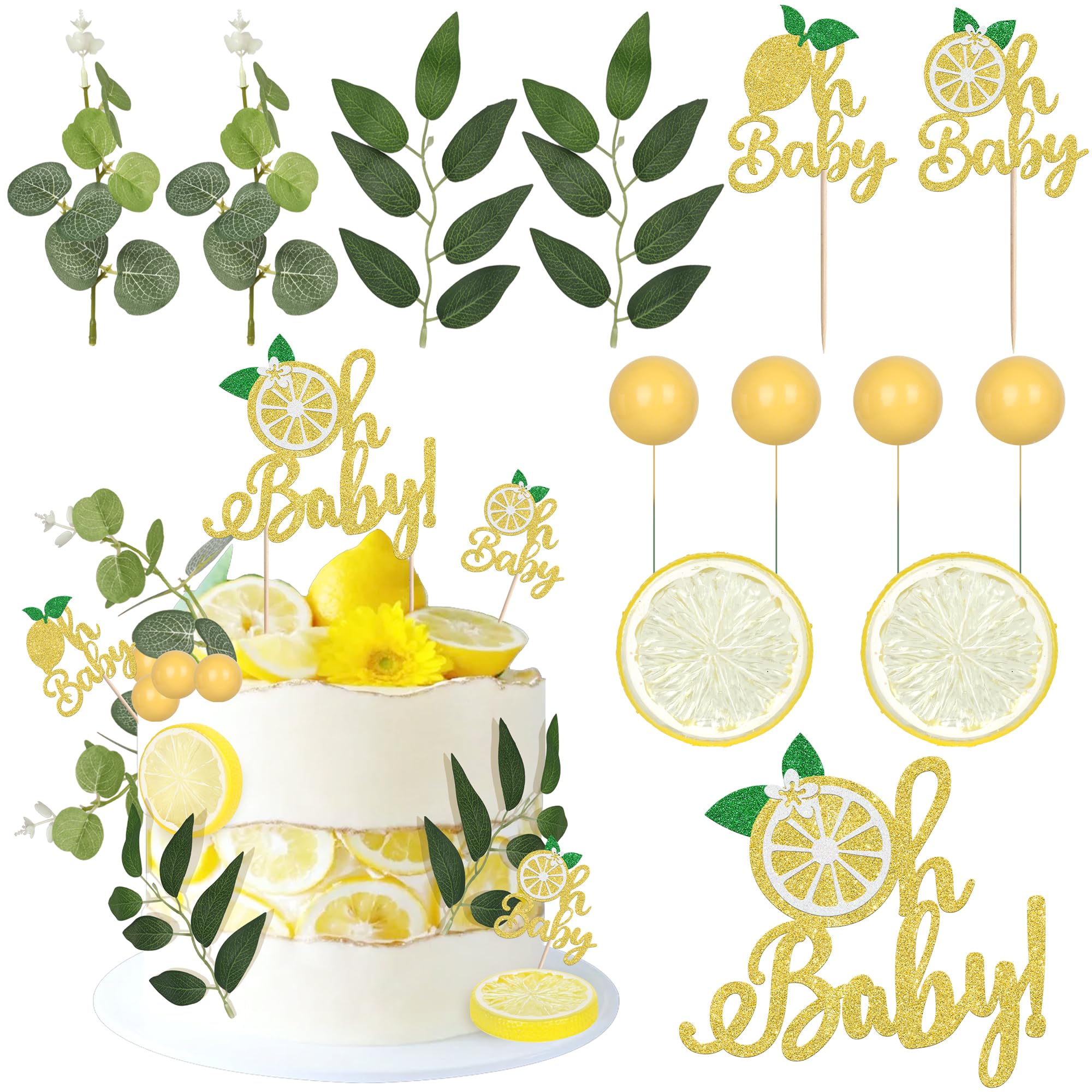 16 Pack Lemon Happy Birthday Cake Decorations Lemon Cake Topper Glitter Juicy Fruit Slices Leaves Ball Cake Pick for Fruit Theme Baby Shower Kids Boys Girls Birthday Party Supplies — image 1