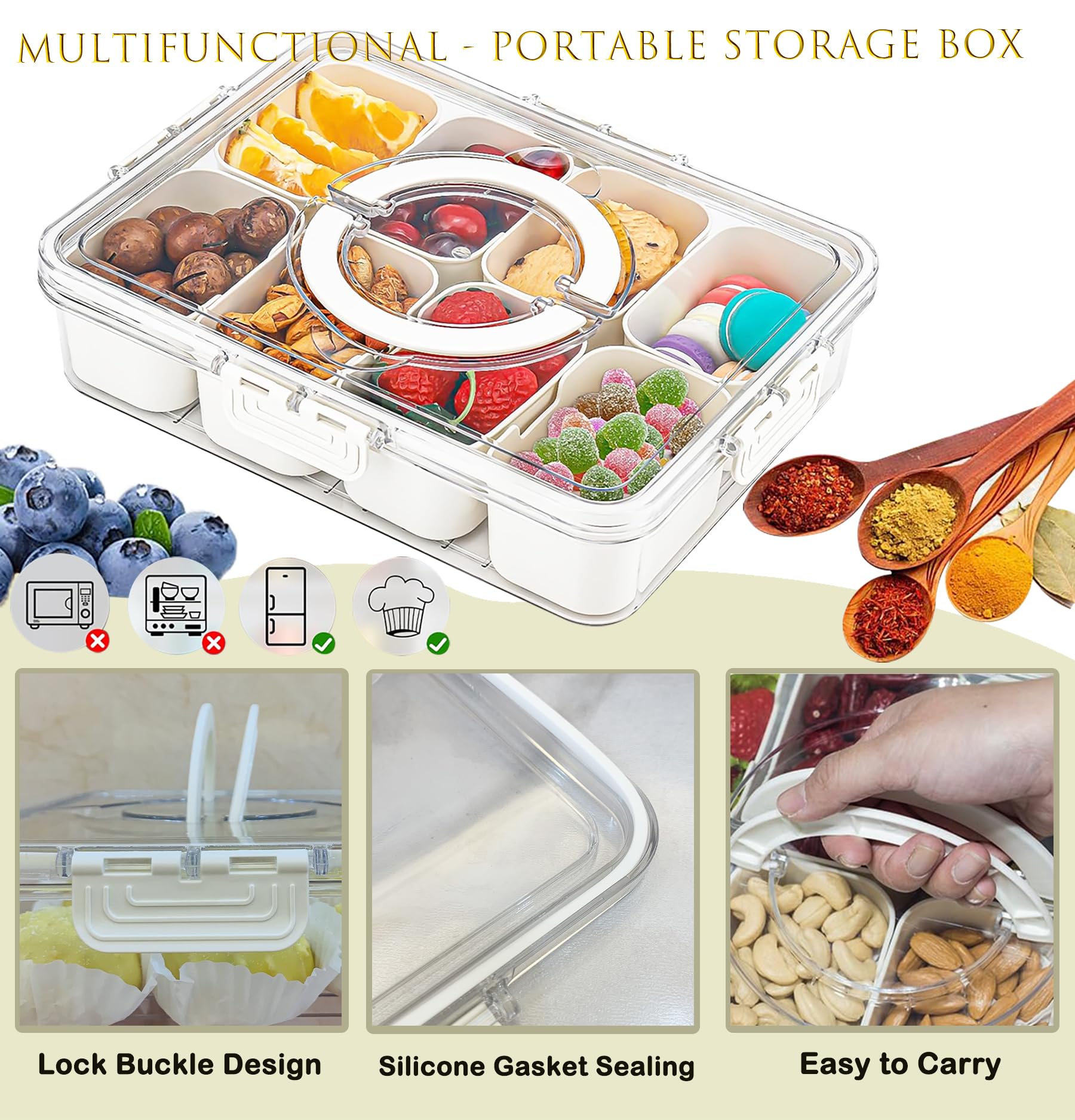 Snackbox Mit 7 Fächern & Deckel – Tragbares Serviertablett Für Unterwegs, Picknick, Büro & Party