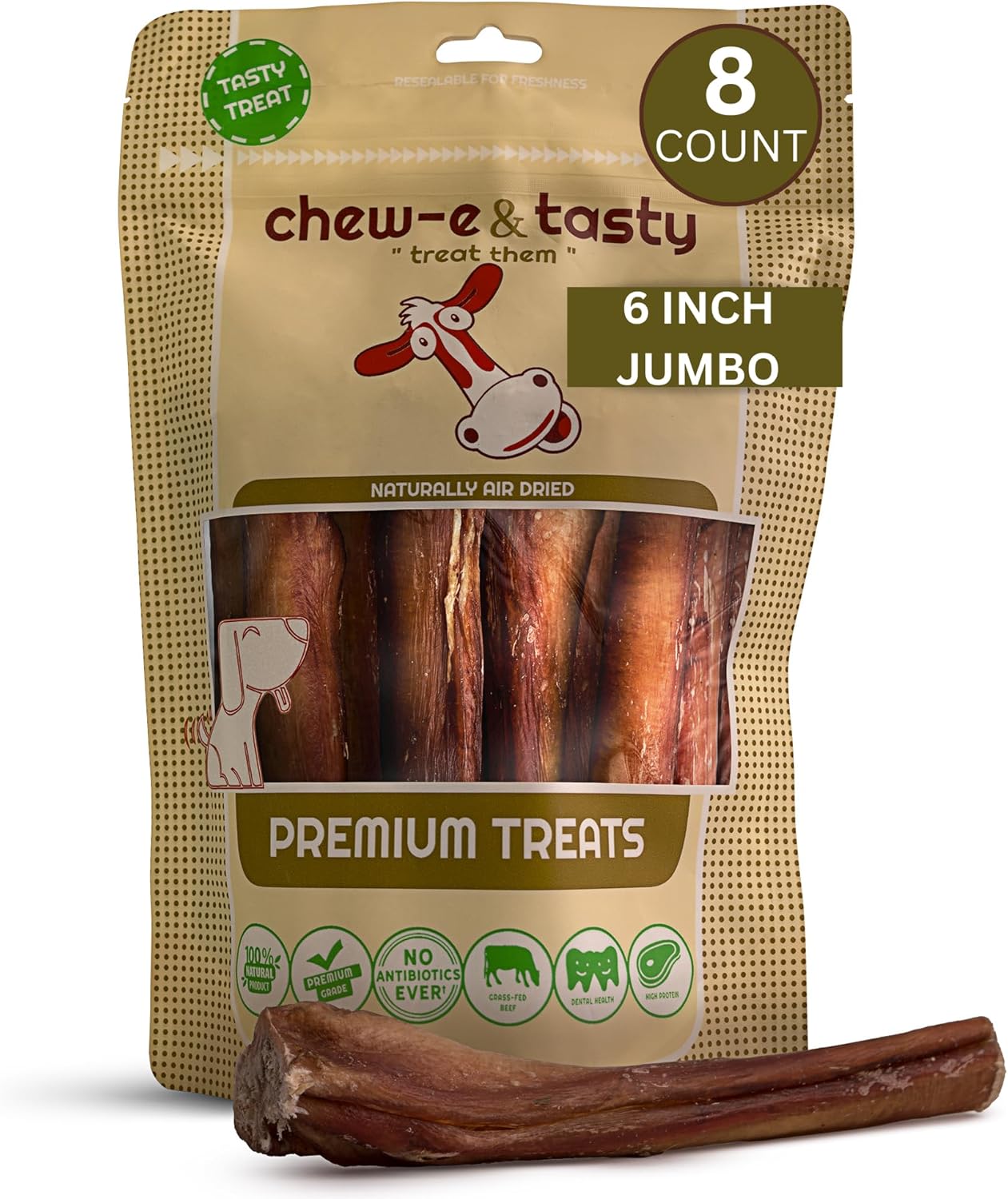 chew-e&tasty Premium Grade 6" Jumbo Bully Sticks (Pack of 8) - All Natural Free-Range Odor Free High Protein Beef Dental Dog Chews Safest Long Lasting Pizzle Chews to Keep Your Dog Busy