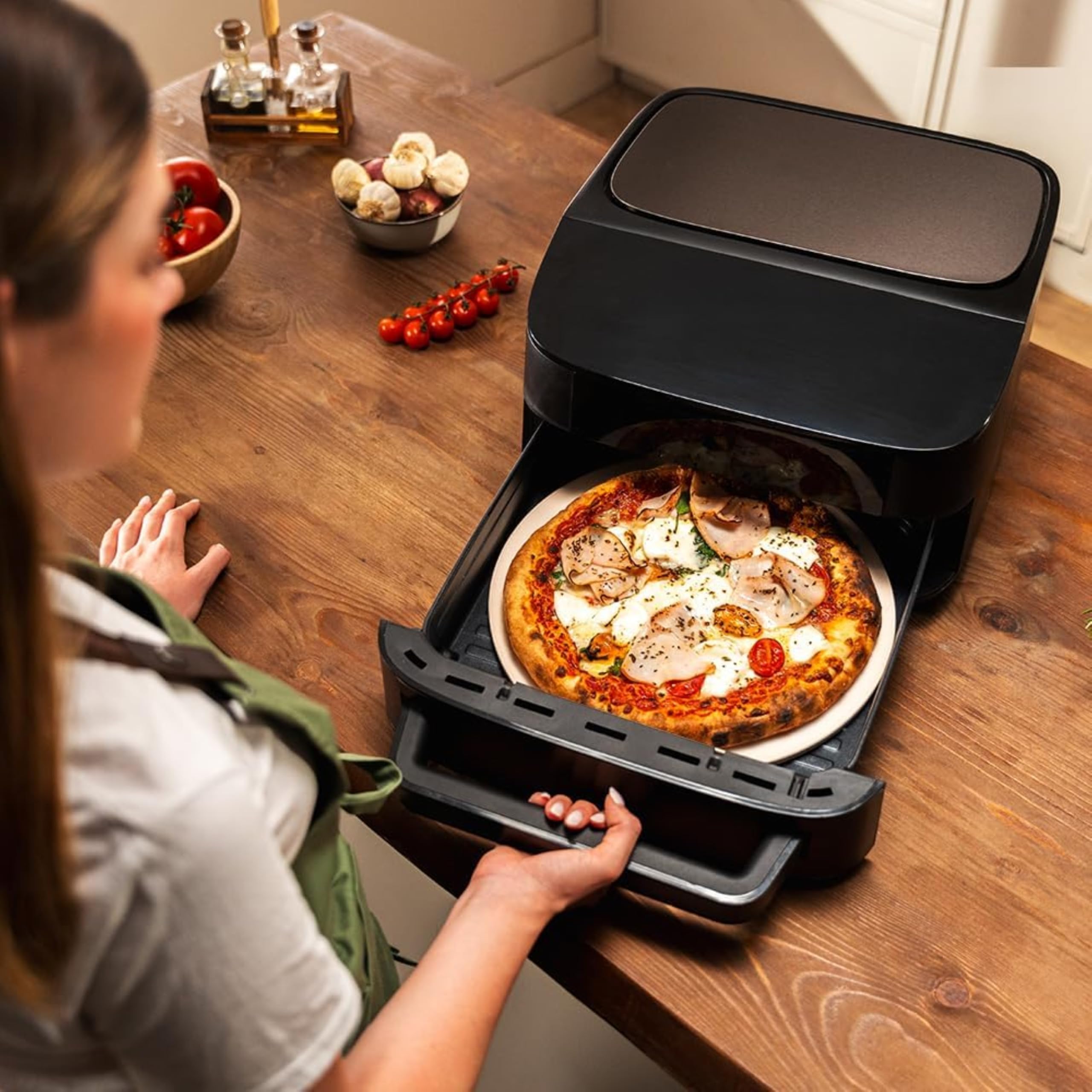 Cecotec Horno Eléctrico para Pizza de 7L Pizza&Fry 7000. 2200W, Pizzas de 13 Pulgadas, Pantalla Táctil, 8 Programas, Temperatura Ajustable 40-230ºC, Piedra para Pizza, Resistencia Superior e Inferior