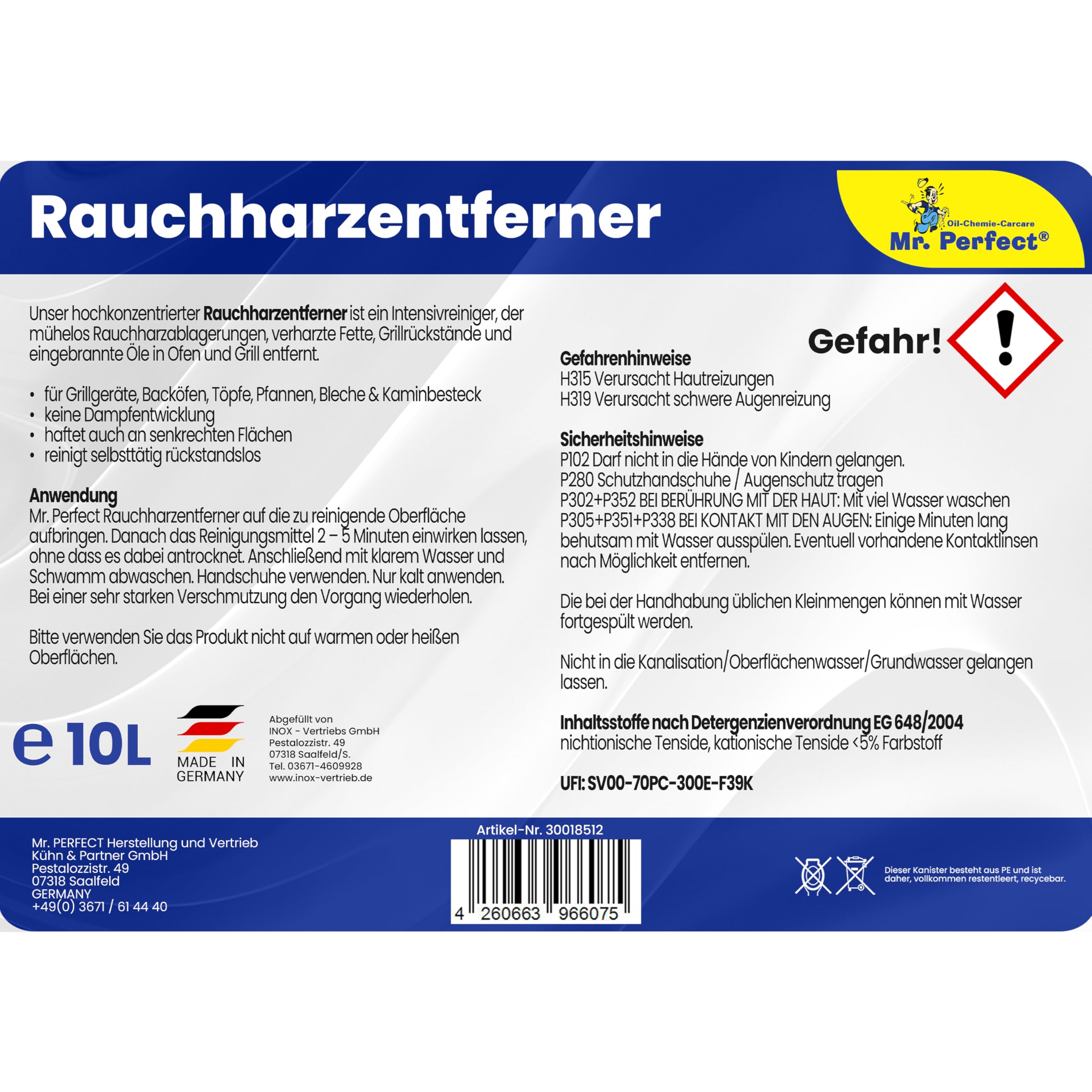 Mr. Perfect - 10L Rauchharzentferner I Backofenreiniger extra stark I Grillreiniger Gasgrill I Extrem kraftvoller Grillrost Reiniger I Rauchharzentferner Konzentrat dank effektiver Formel