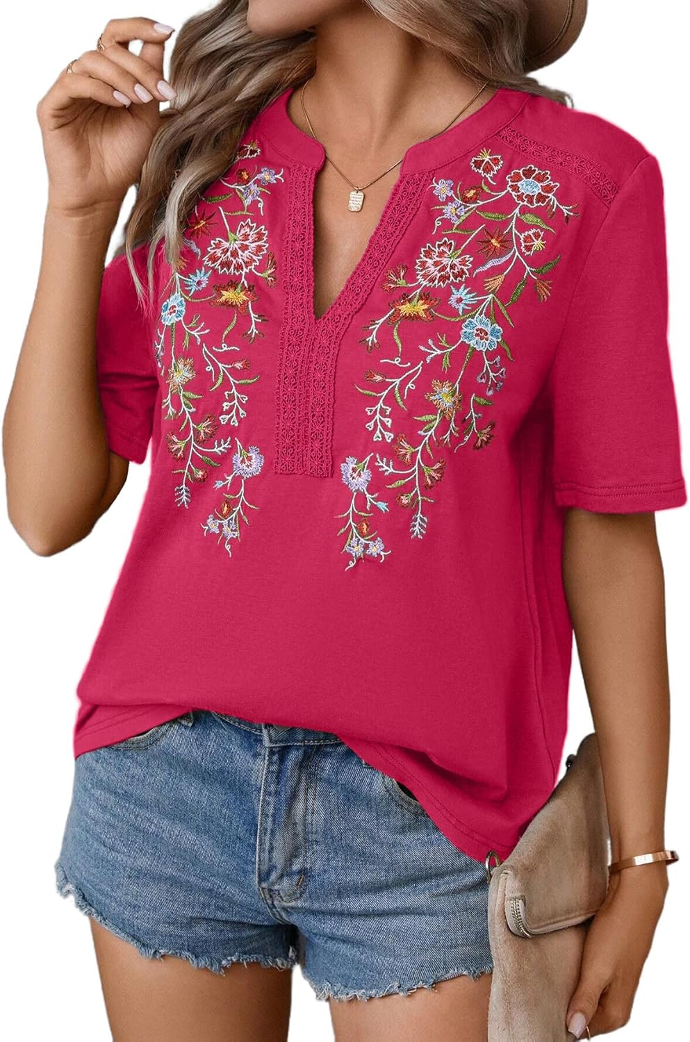 Mexican Shirts for Women Embroidered Tops Traditional Summer Blouse Floral Tunic V Neck Short Sleeve T Shirt