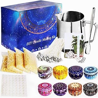MOOING Kit per Creare Candele, Set per Candele DIY, kit per la fusione di cera per principianti,Set Completo con Cera d’api Pura al 100%/50 Stoppini Cerato / 8 Candele Fai-da-Te Barattoli di Latta ect
