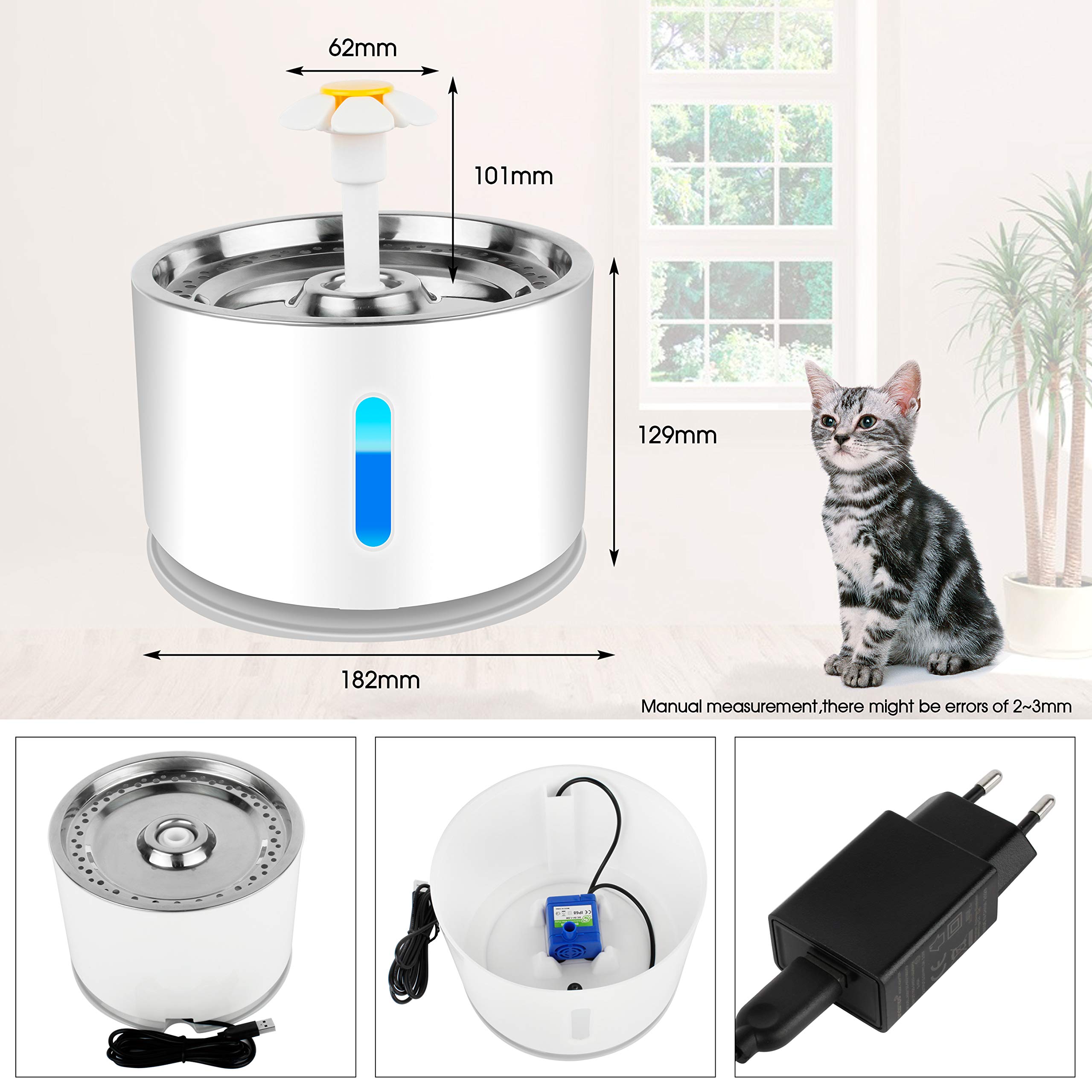 Makife Drinkfonteinen voor katten, LED-licht, 2L drinkfontein voor honden, 7 ° Wetenschappelijke drinkhoek, Auto-off pomp zichtbaar waterniveau, 2 stuks vervangende filters, USB opladen, 15 stuks hondenafvalzakken