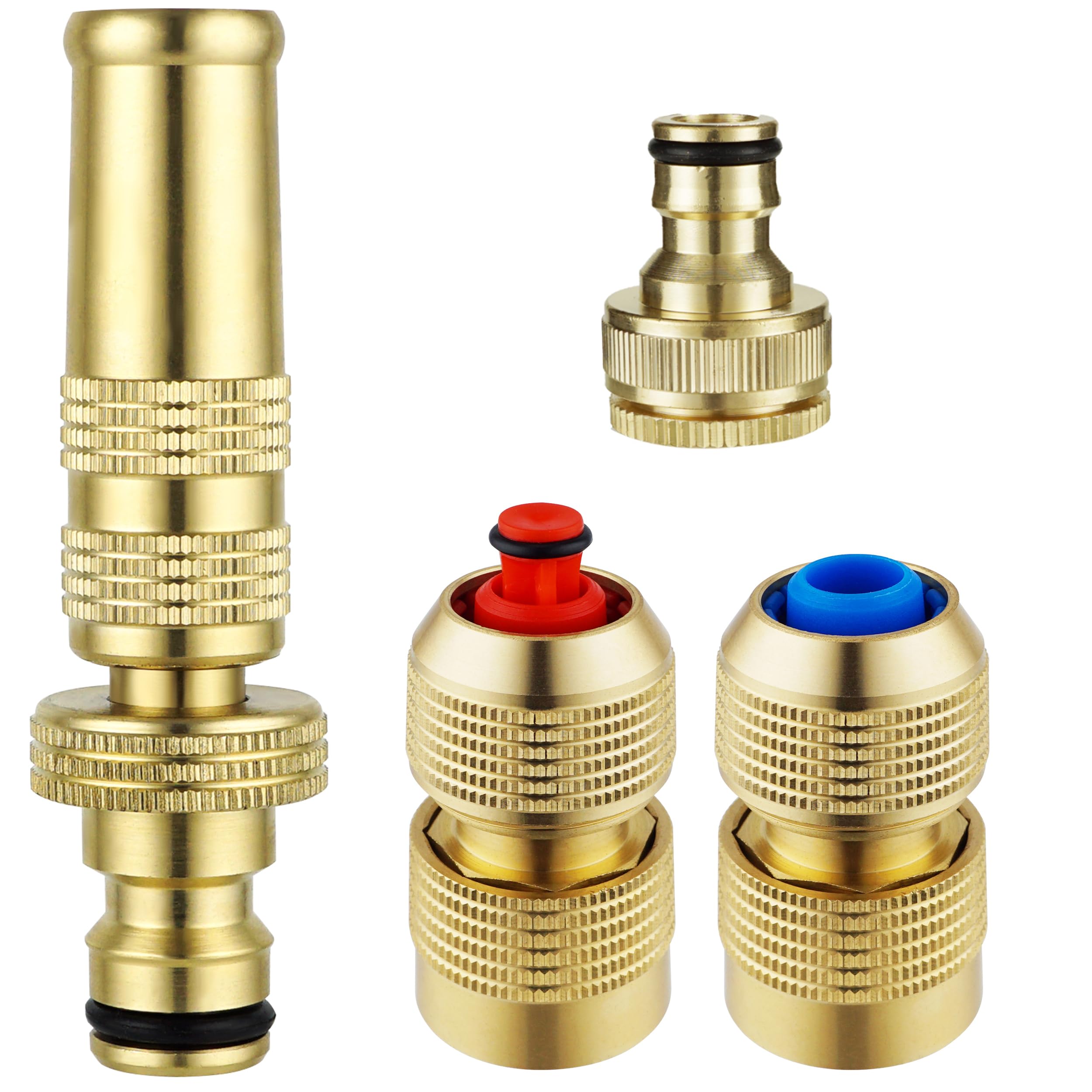 iBamso 4 Pcs Brass Garden Tap Hose pipe Quick Connectors & Spray Nozzle, Adjustable Spray Nozzles with Hose Stop Water Connector, Faucet Adapter Garden Hose Quick Connector Stop the Water Easily