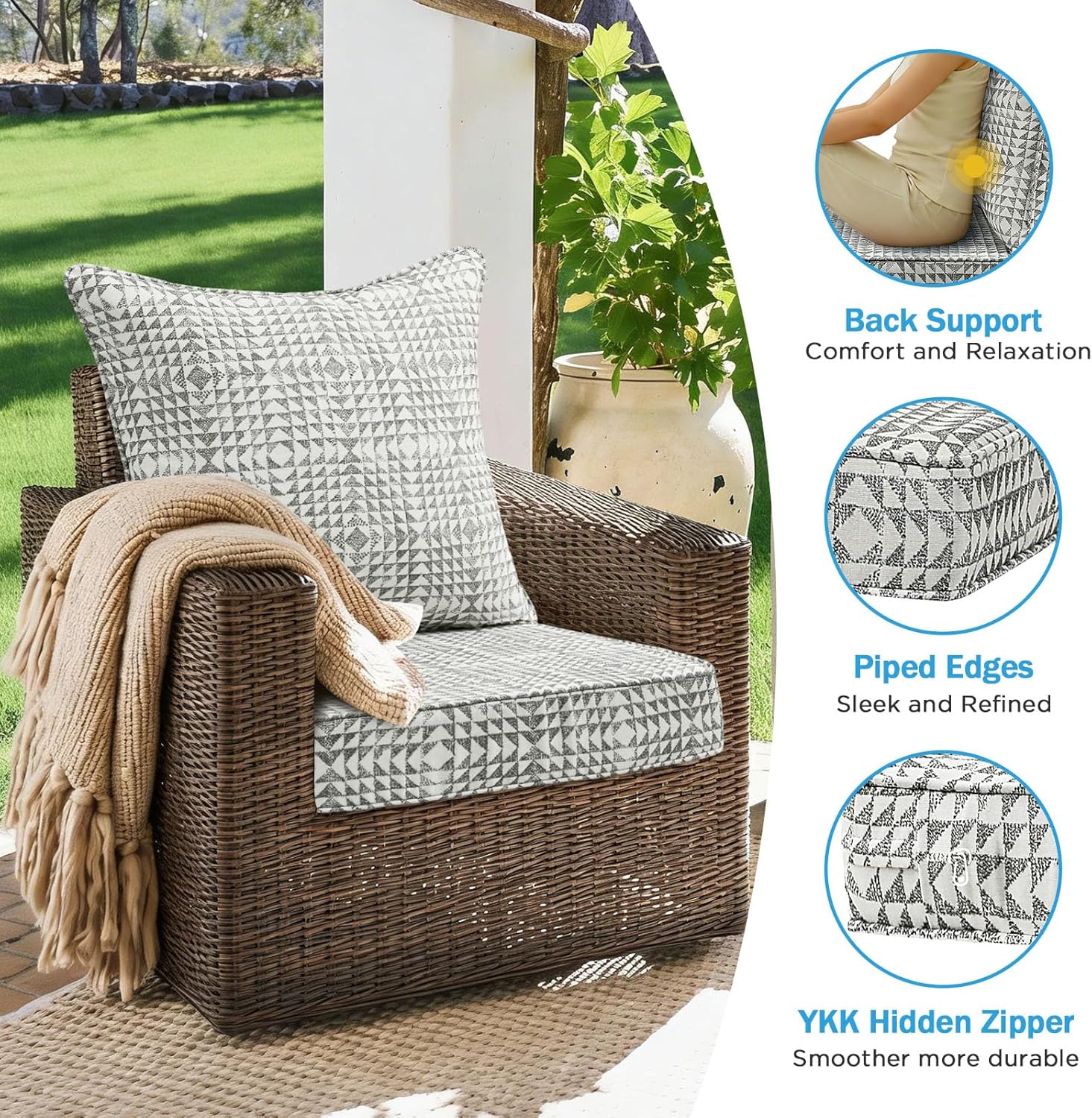 Sunbrella Outdoor Deep Seat & Back Cushion Set (2-Pack), 24 x 24 Inch Water Repellent and Fade Resistant Patio Furniture with Removable Cover for Outside Sofa Couch, Runa Classic