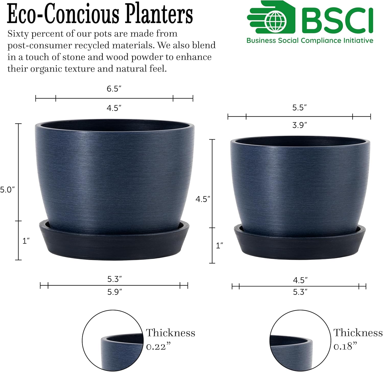 UNBREAKABLE Plant Pots Set of 2, Advanced Eco-Poly Planters with Drainage & Saucers, 6.5" + 5.5" Plastic Pots - Designer Indoor & Outdoor Décor and a Great Gift for Plant Lovers - Pacifica Wave Blue