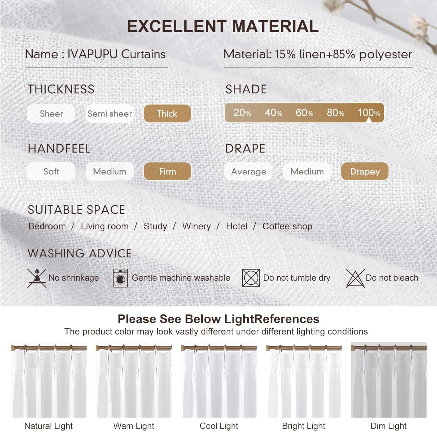 IVAPUPU White Pinch Pleated Full Blackout Linen Curtains for Bedroom, Black Out Curtains 102 Inches Long for Living Room Darkening Thermal Insulated Neutral Pleat Drapes with 16 Hooks, 2 Panels