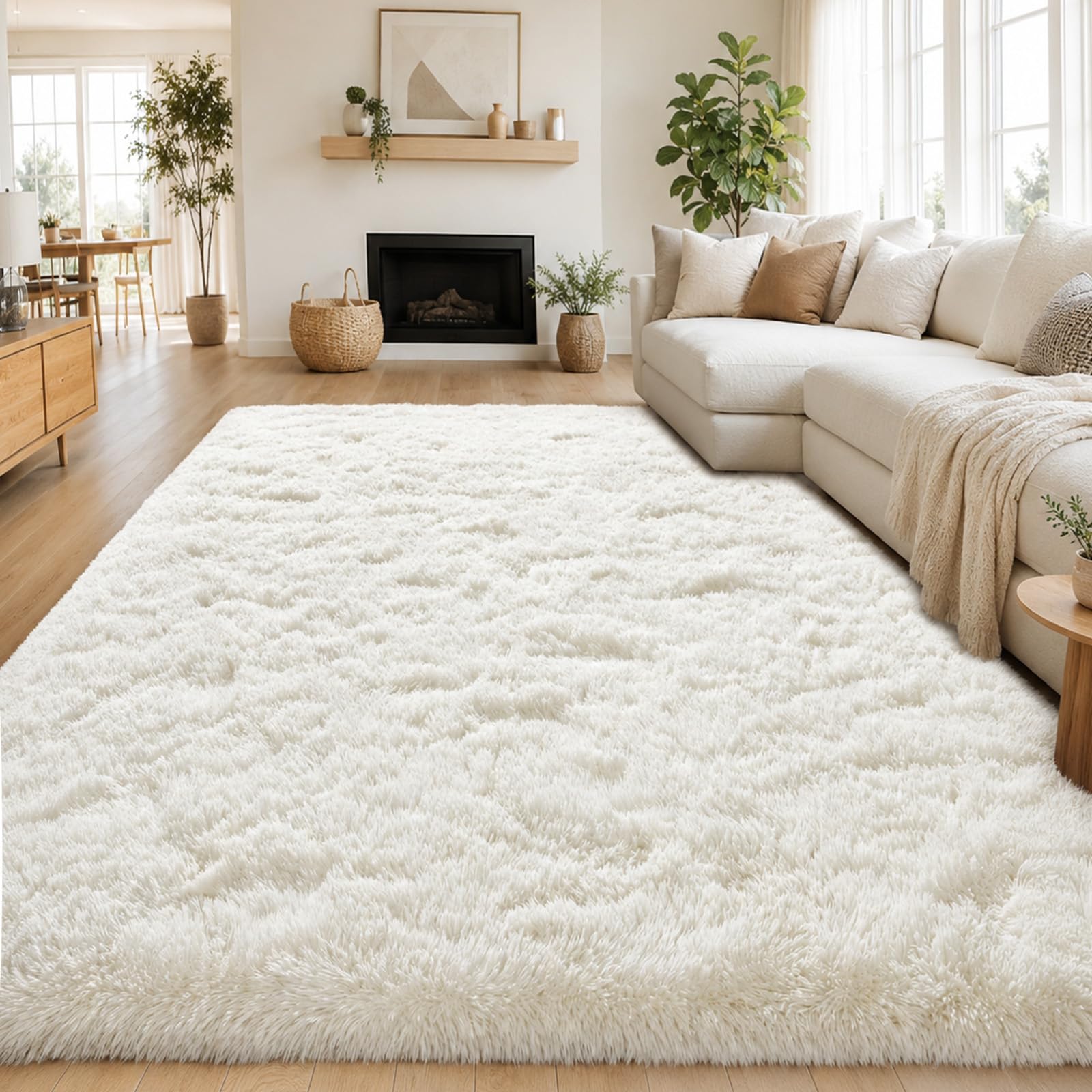 Hochflor Teppich Wohnzimmer 140x200cm, Creme Fuzzy Shaggy Flauschiger Teppich für Schlafzimmer Teppiche, Modern Plüsch Wohnzimmerteppich Bettvorleger High-Pile Carpet rutschfest für Kinderzimmer