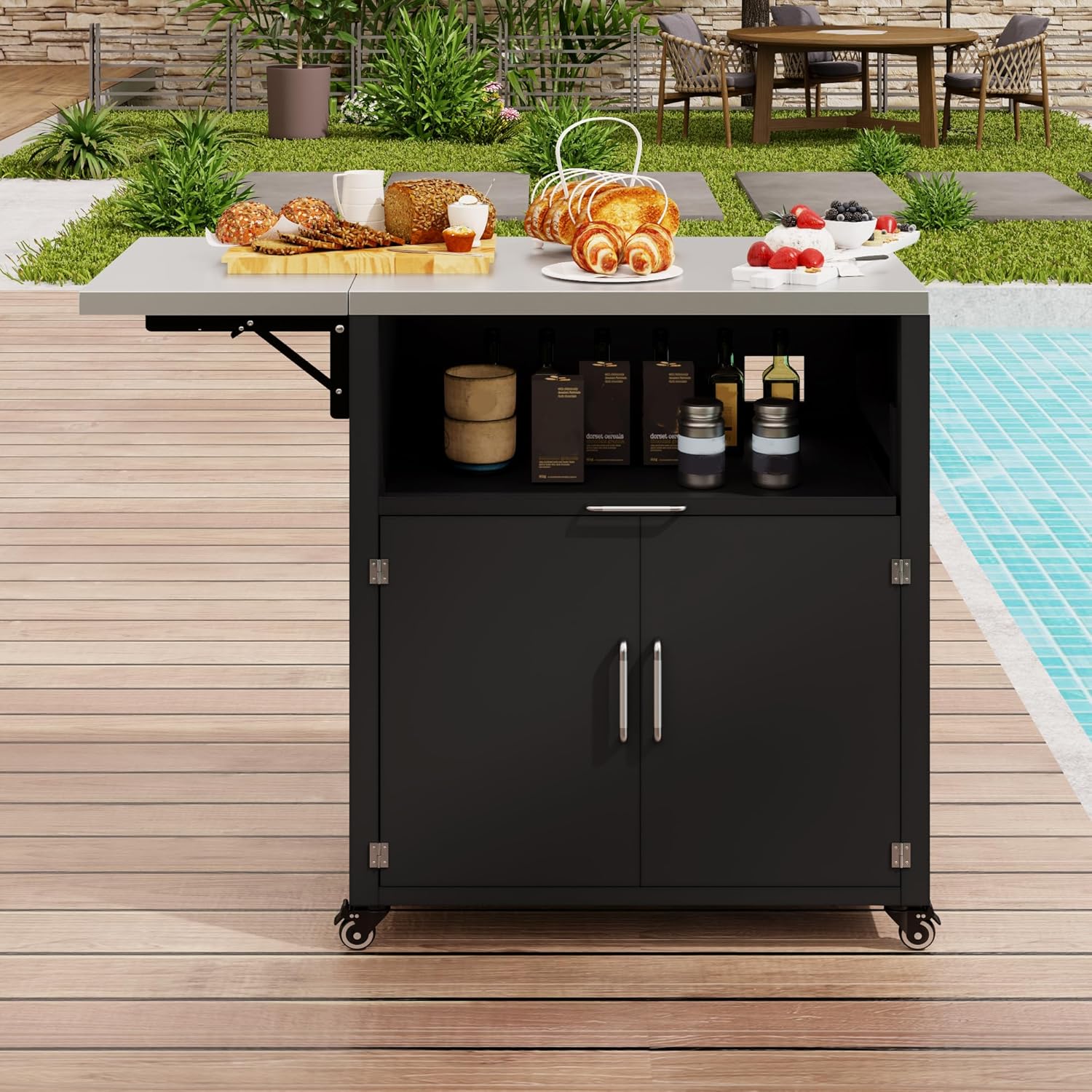 Outdoor Storage Cabinets - Matte Black Outdoor Bar Cart with Wheels & Foldable Tabletop, Outdoor Buffet Cabinet with Drawer and Iron Frame for Backyard, Garden