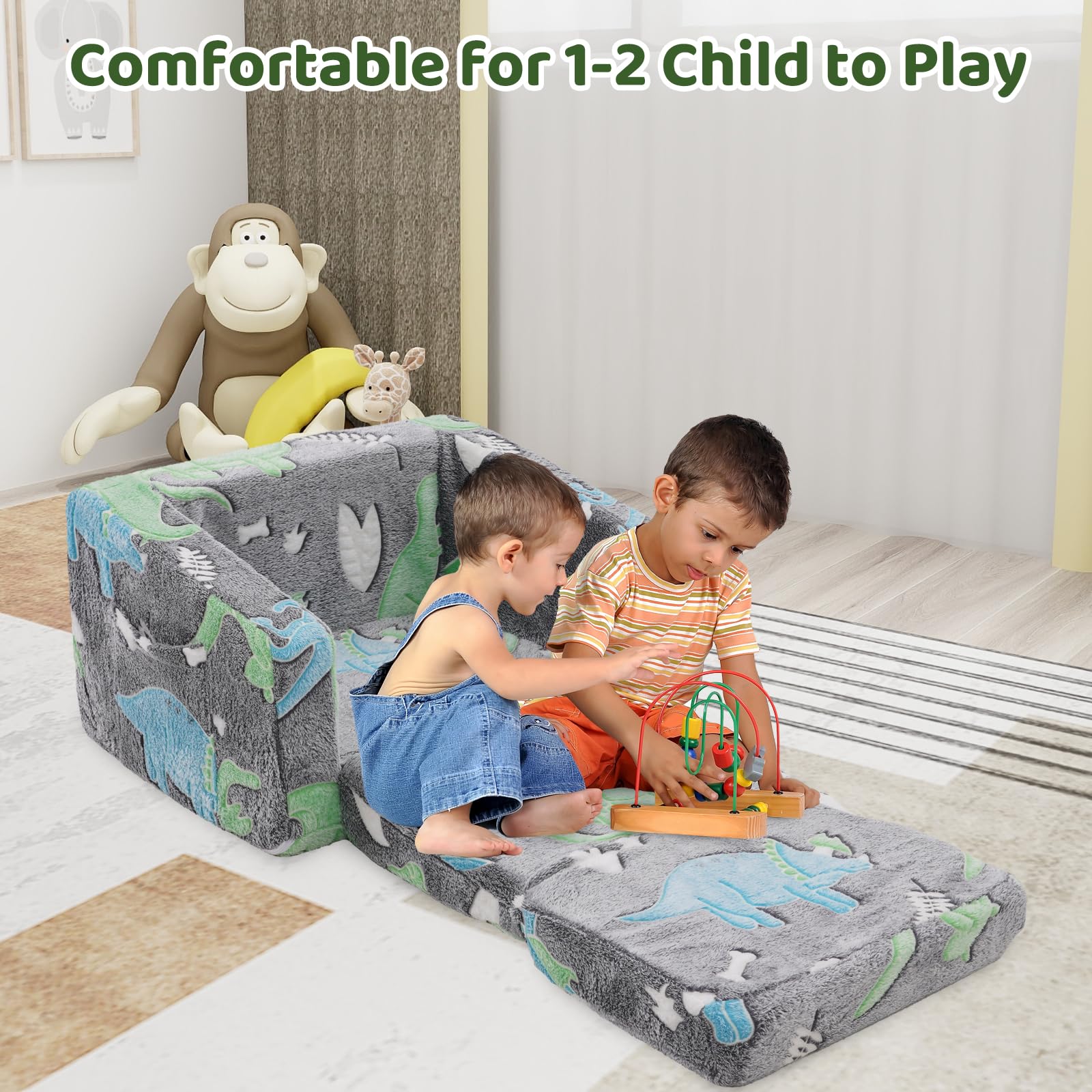 Poltroncina bambini, 2 in 1 divano per bambini, pieghevole, divano letto, rimovibile e lavabile, mini divano da gioco per ragazzi e ragazze, cameretta dei bambini, motivo dinosauro