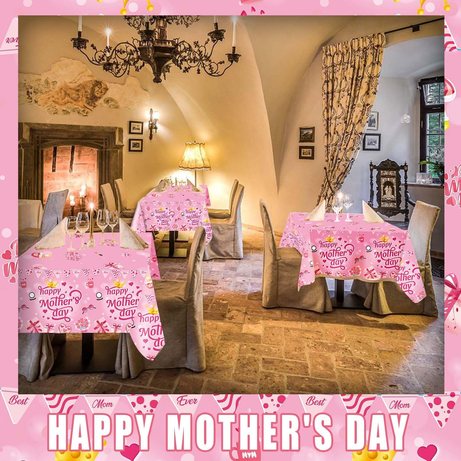 PARSUP 6 Pack Mothers Day Disposable Tablecloth - 108" × 54", Happy Mothers Day Table Cloth Best Mom Ever Flower Heart Tablecover Plastic Rectangle Table Cover for Dinner Party Decor image 3