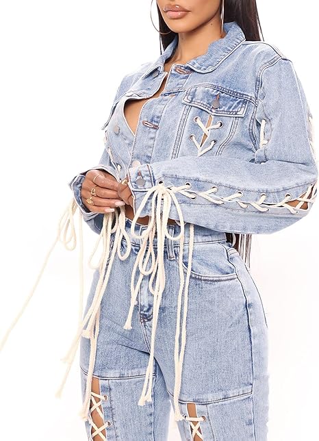 SOMTHRON Women's Cropped Jean Jacket Bandage Lace Up Long