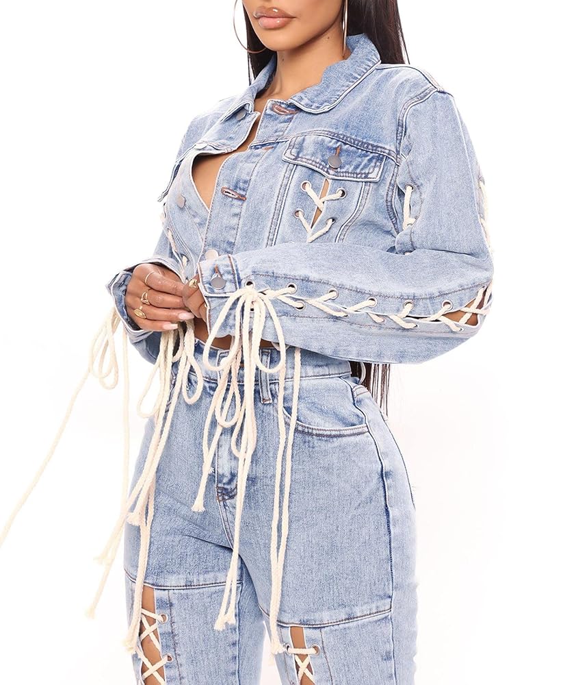 SOMTHRON Women's Cropped Jean Jacket Bandage Lace Up Long