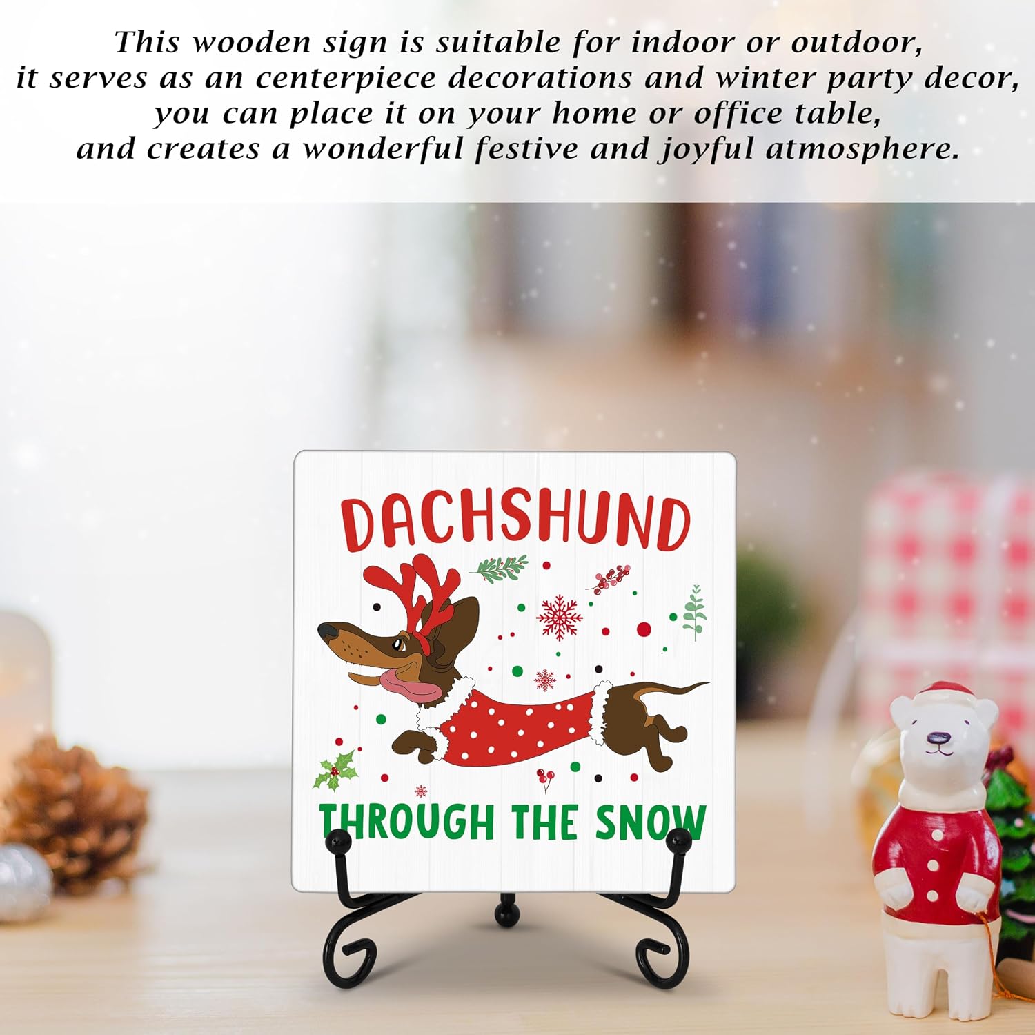 Cute Christmas Dachshund Wooden Decor, Christmas Decorations for Home Bedroom, 5x5 Inches Xmas Tree Sign with Iron Stand, Dog Lover Birthday New Year Gifts-G14 image 5