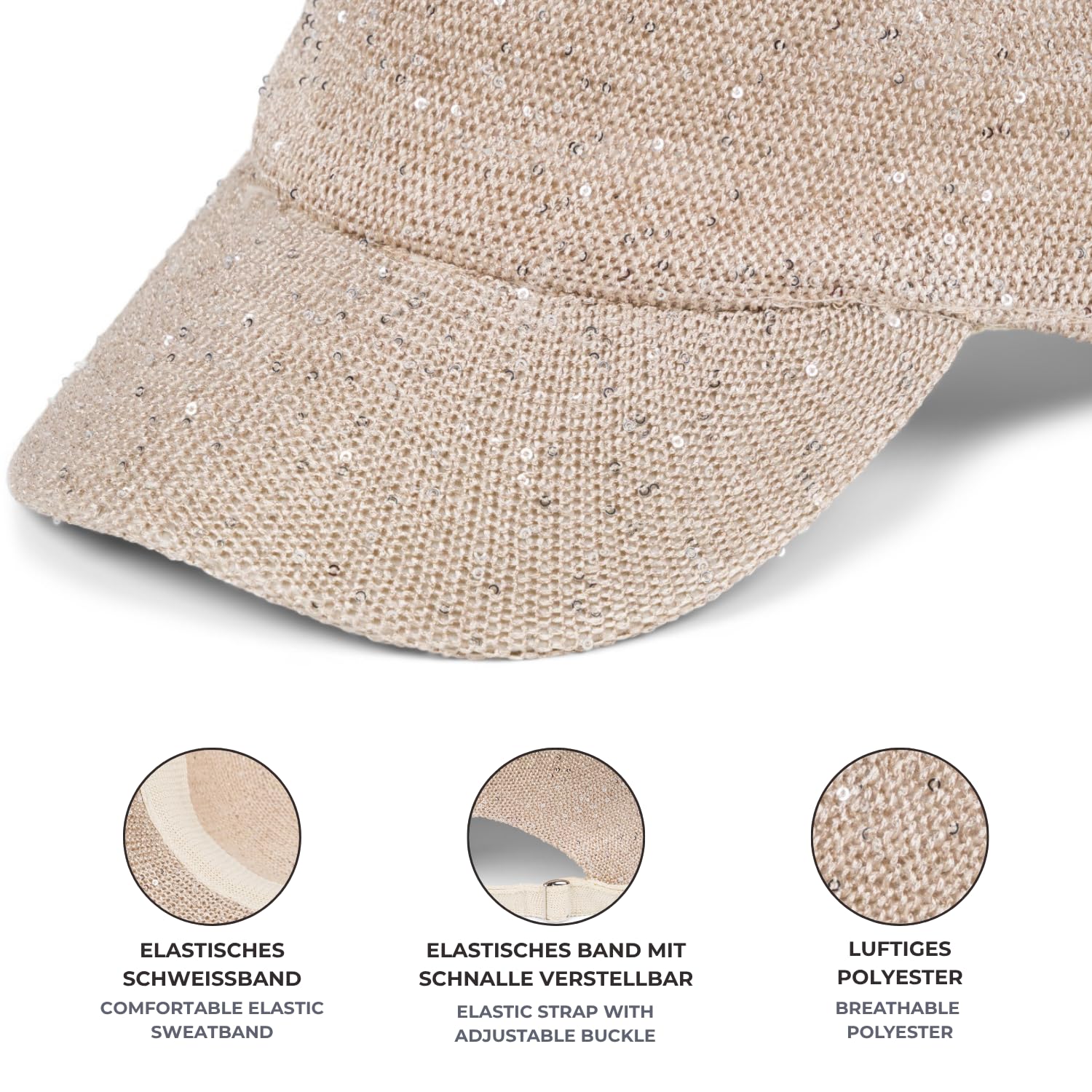 styleBREAKER Casquette d'été pour Femmes en Tissu tissé avec Paillettes, Chapeau léger avec Boucle métallique réglable, Couvre-Chef uni pour Plage et Loisirs